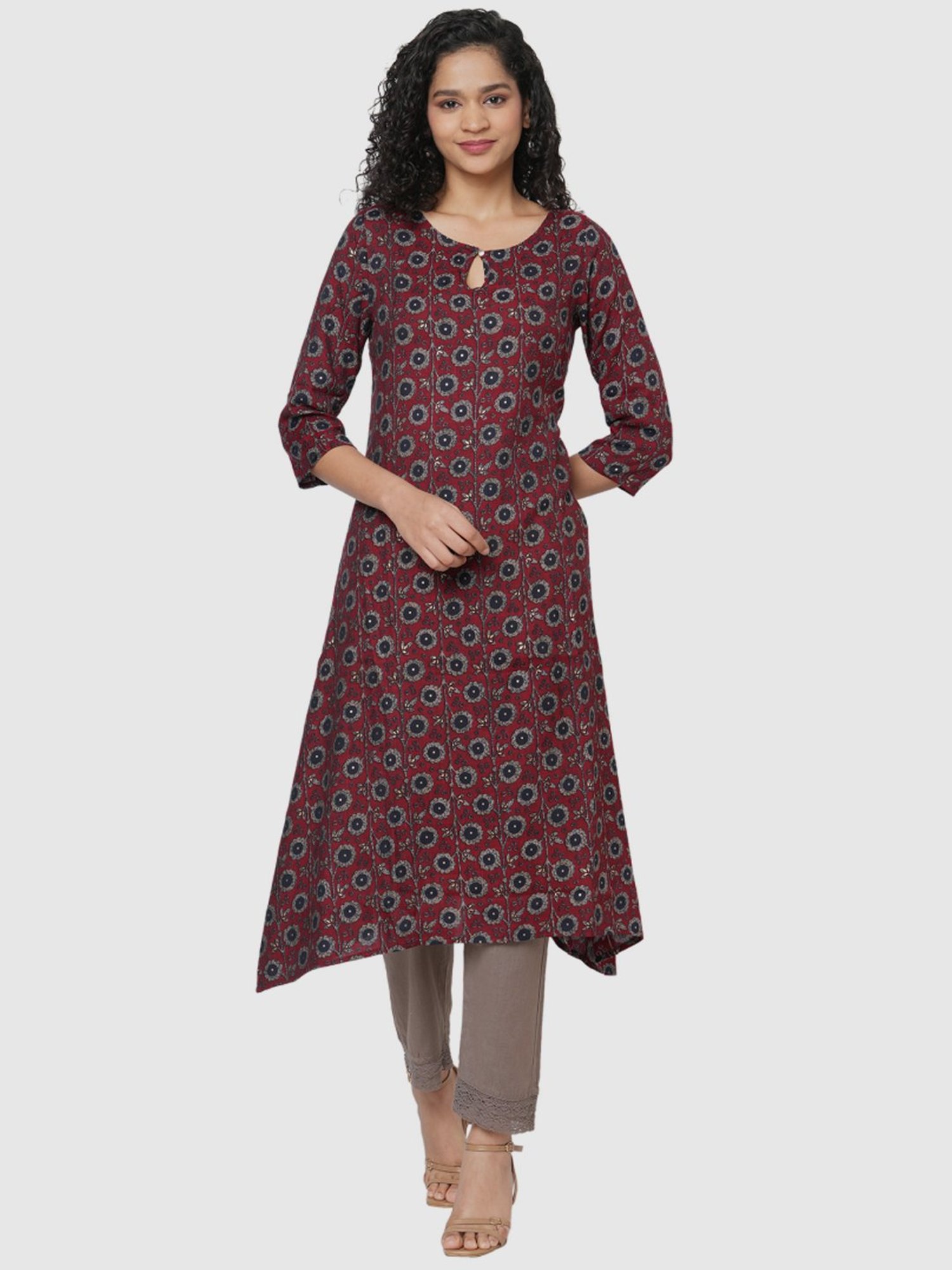 Fusion Beats Maroon Floral Print A Line Kurta