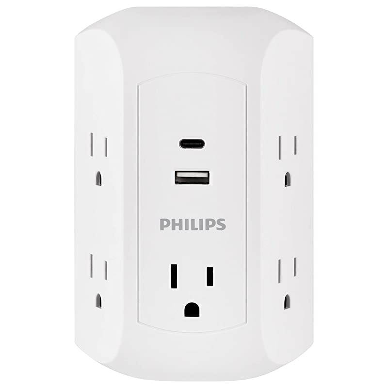 15W USBC Surge Protector Adapter 5 Outlet Wall Tap for iPhone 11 MaxXSXRX8 iPad ProAirMini Samsung Galaxy Google Pixel 17W Total Power White SPP5252WC37 1 Pack