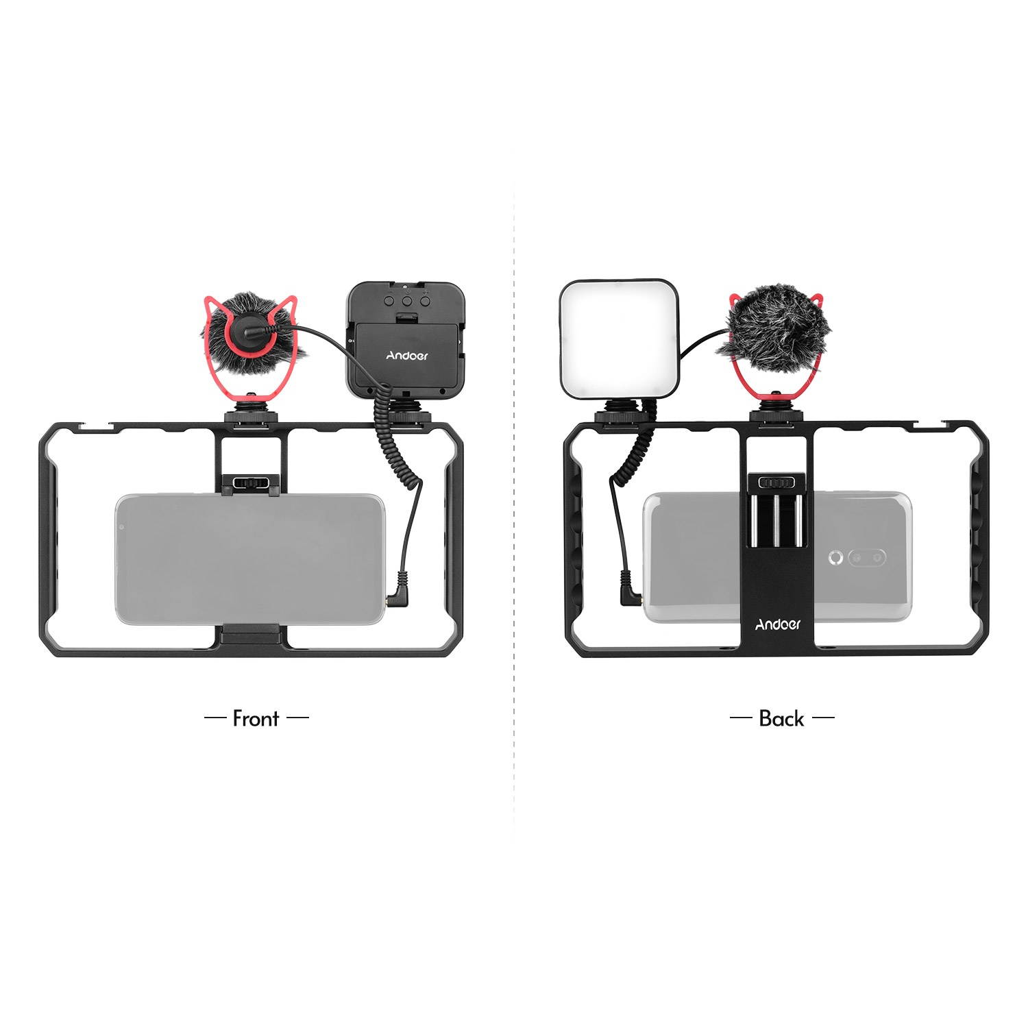 Andoer Smartphone Video Rig Grip with Rig LED Light Microphone with Shock Mount for Vlog Film-making Compatible with iPhone Samsung HUAWEI