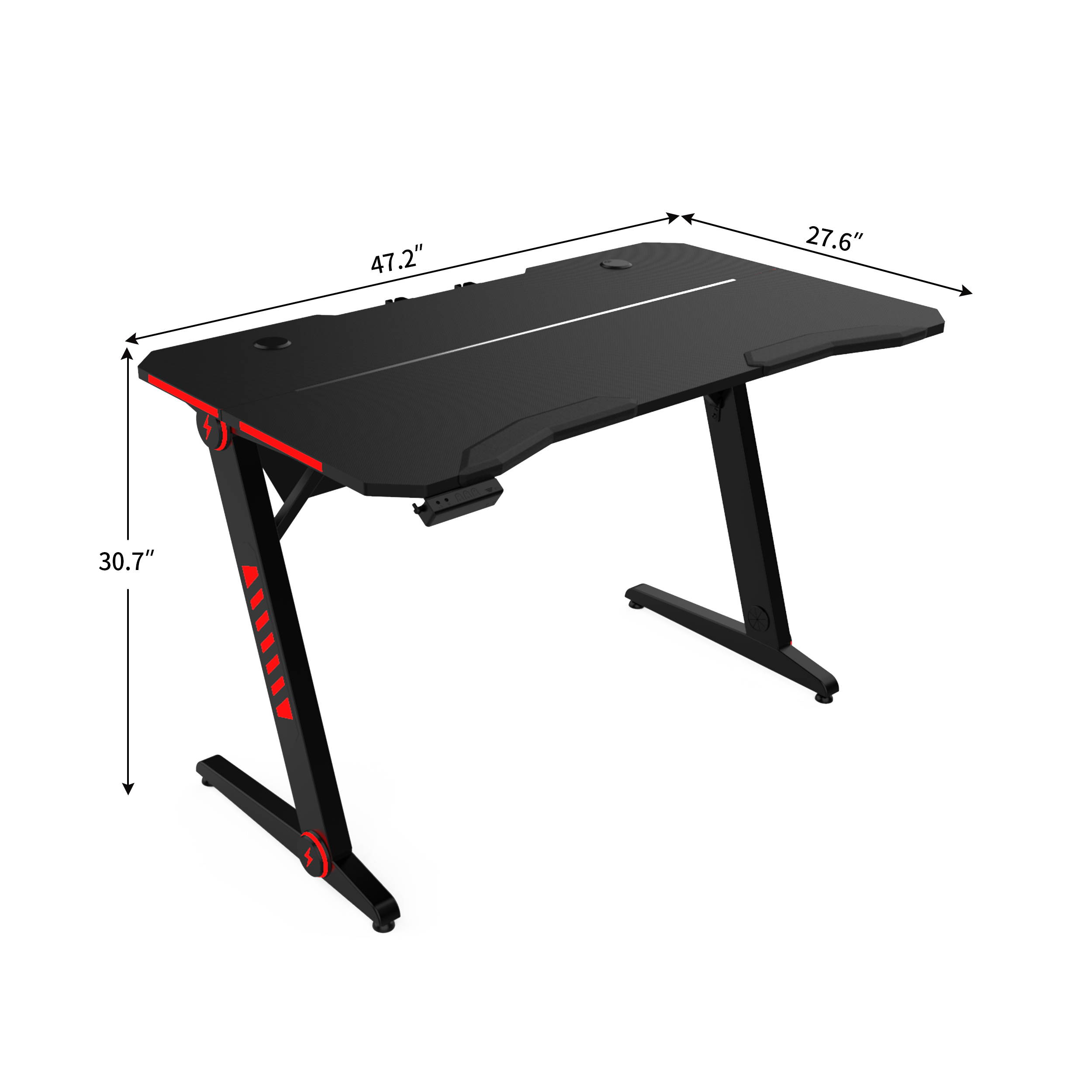 47.2"L Ergonomic Gaming Desk Z-shaped Gamer Desk Home Office Computer Desk With RGB LED Lights,PU Elbow Pad,Quick (dis)assemble Button,Carbon Fiber Surface and Headphone Hook,Black