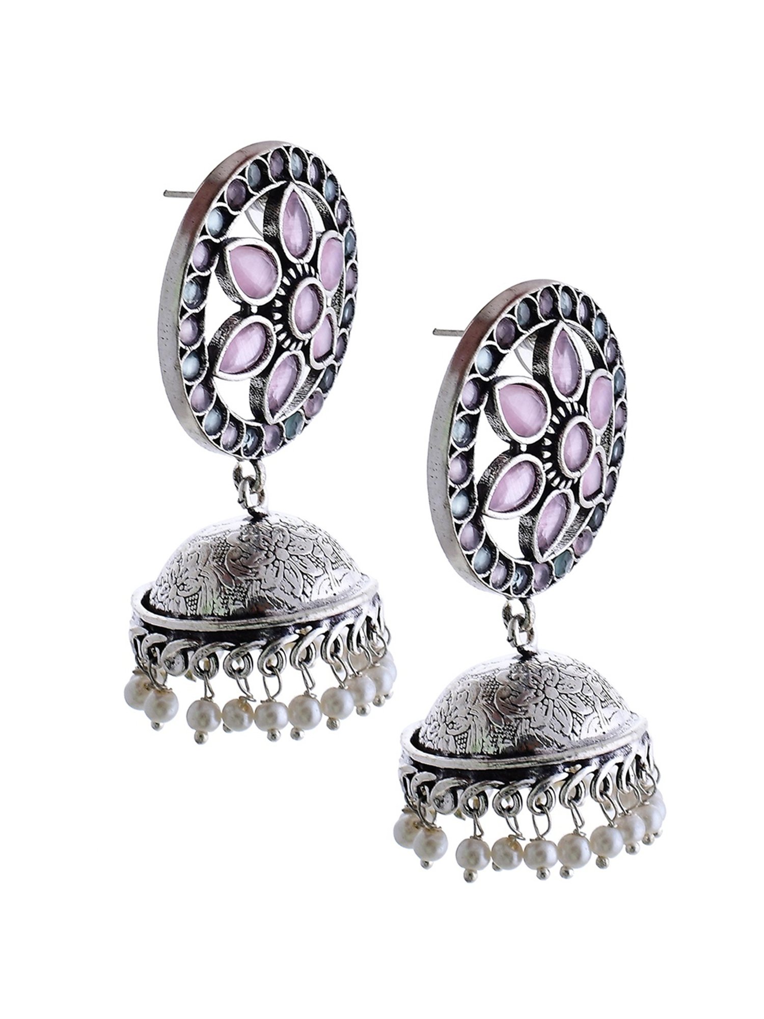 Imli Street Pink-Green Silver Tone Stone-Studded Handcrafted Jhumki Earrings