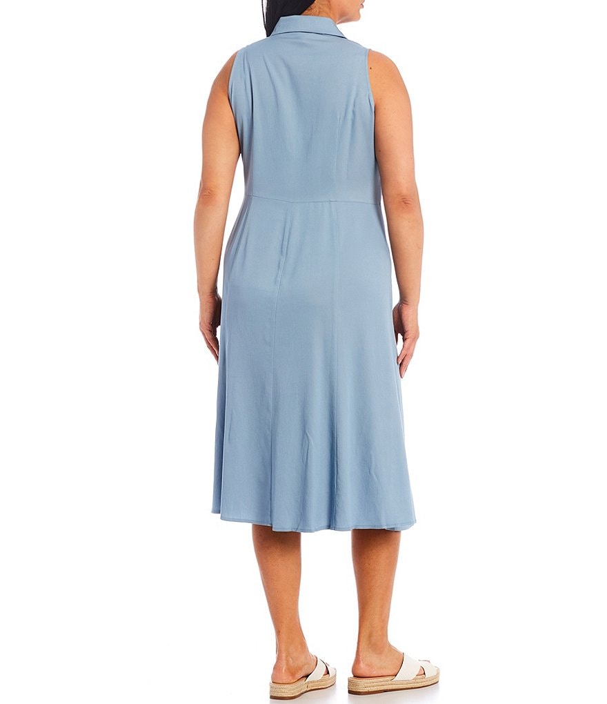 London Times Plus Size Tie Front Chambray Midi A-Line Shirtdress