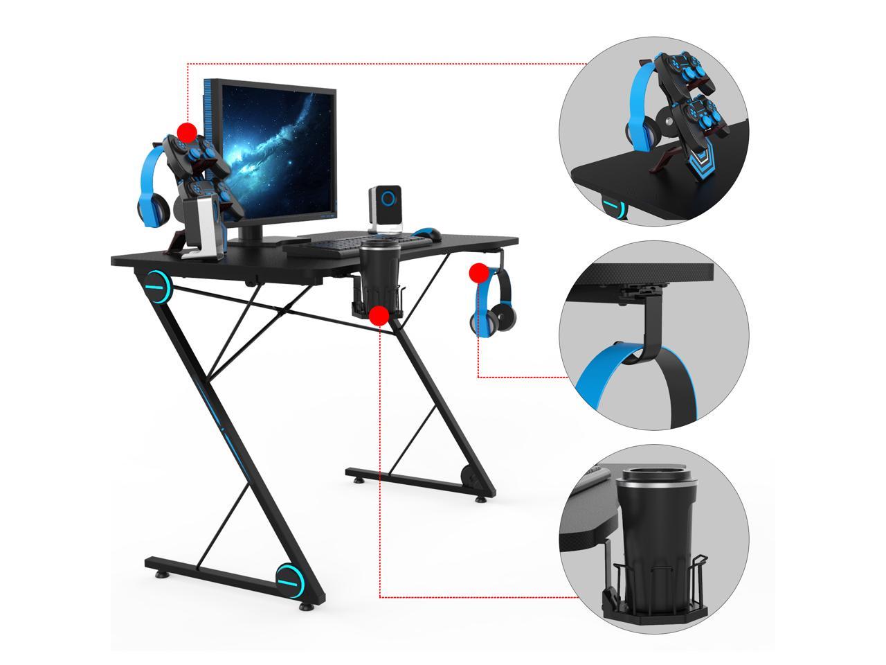 43 Inch Gaming Desk Racing Style PC Computer Desk Z-shaped Table Home Office Desk with Large Carbon Fiber Surface, Free Mouse Pad, Headphone Hook, Gaming Handle Rack and Cup Holder (Black)