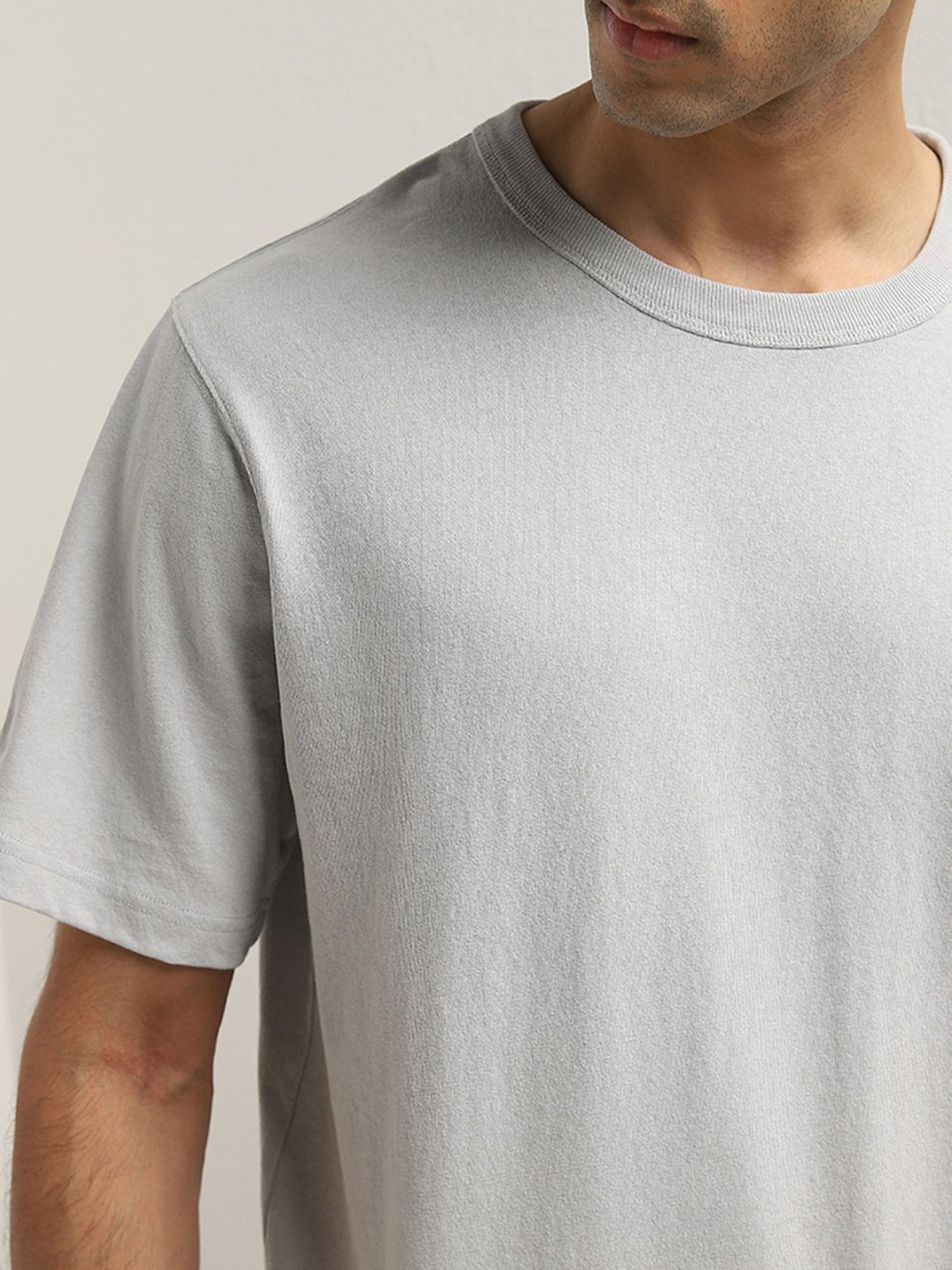 WES Casuals by Westside Light Grey Solid Relaxed-Fit Cotton T-Shirt