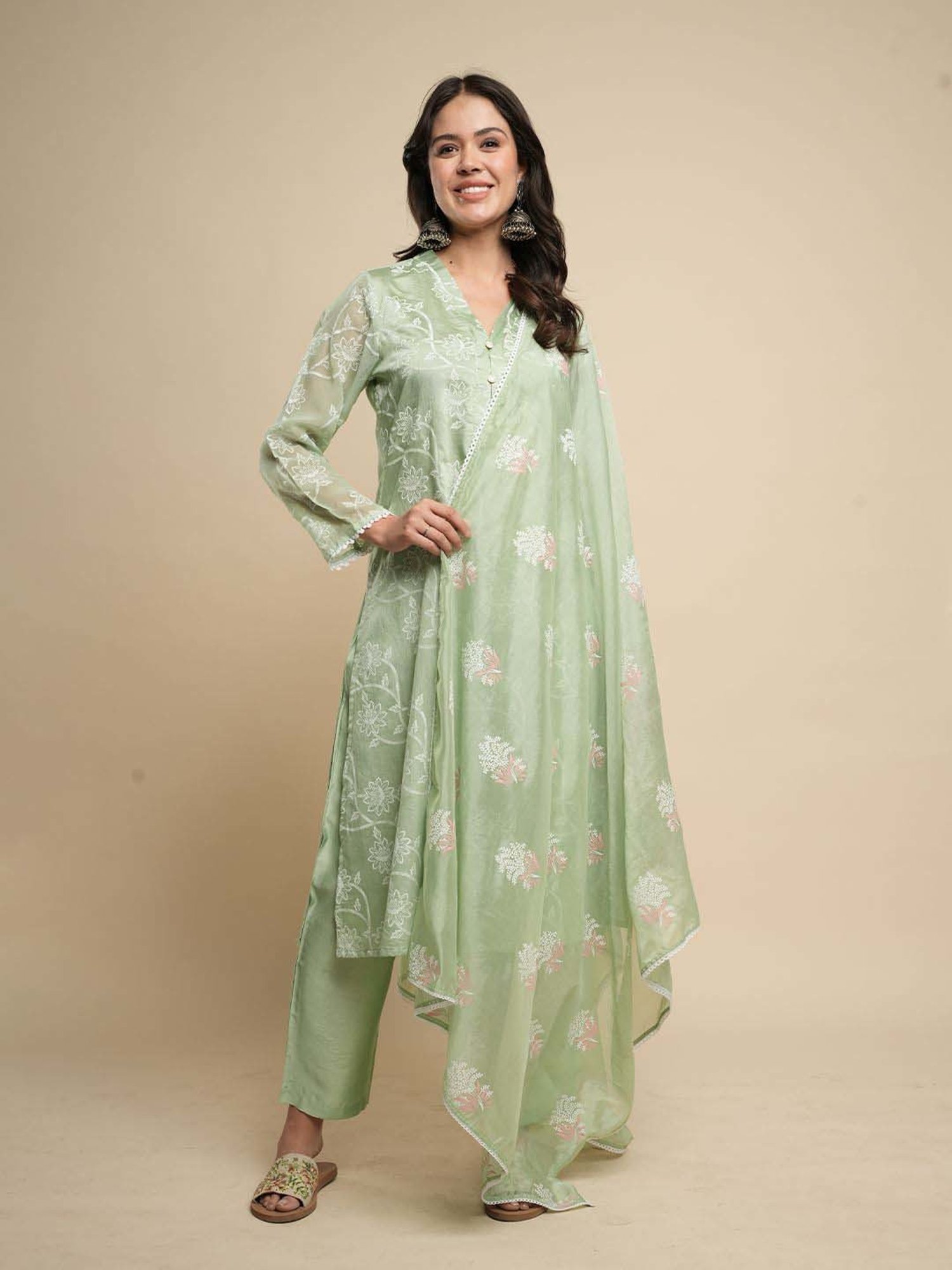 Heeposh Green Printed Kurta Pant Set With Dupatta