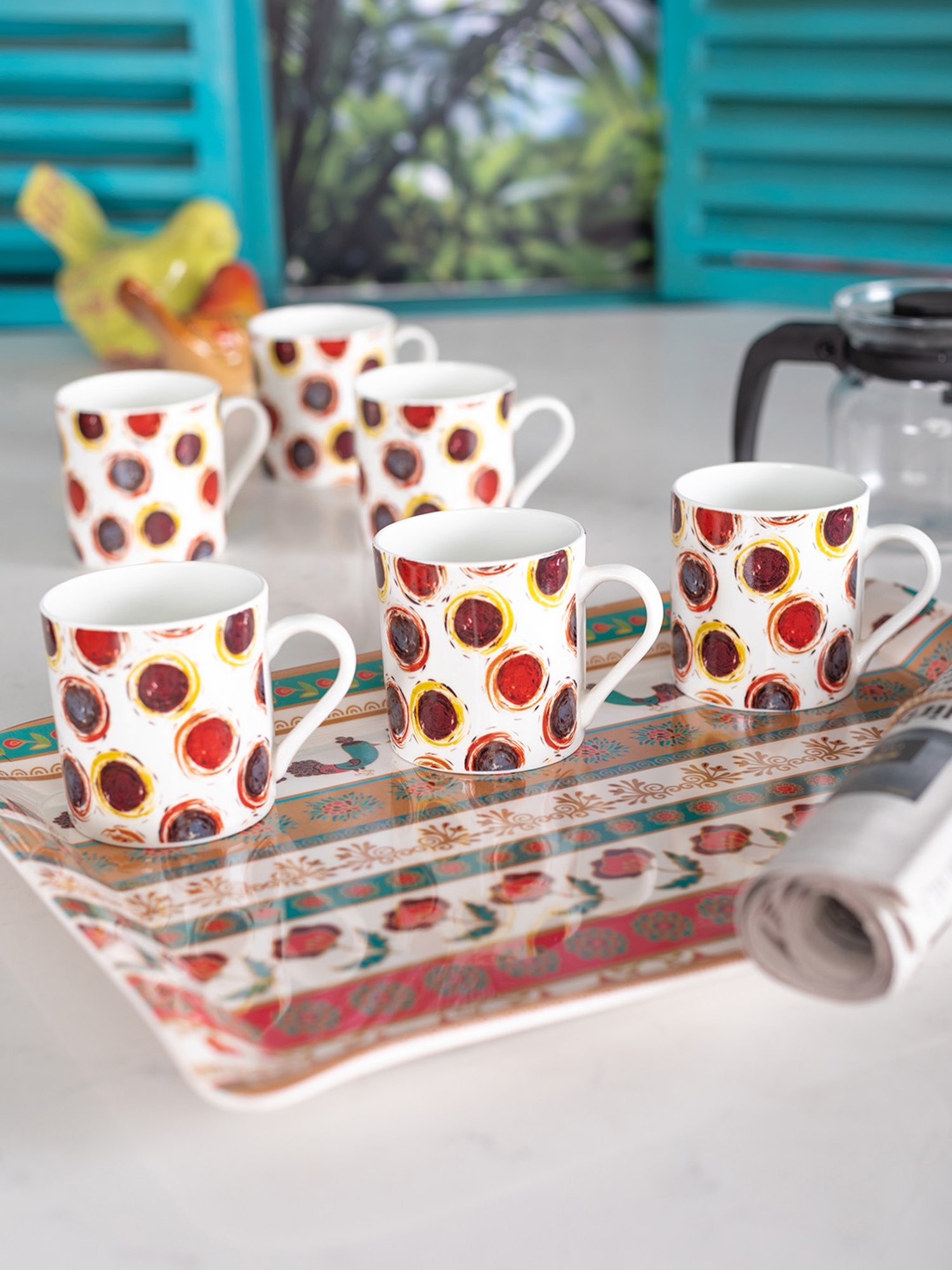 Goodhomes Multicolor Melamine Coffee Mug (220 ml) with Tray - Set of 7