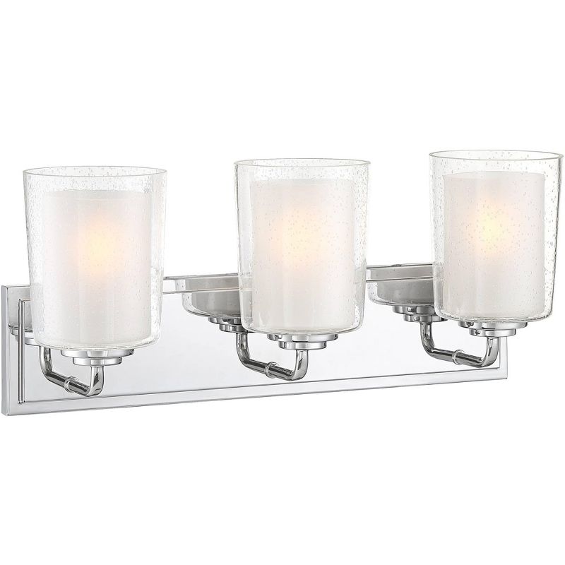 Possini Euro Design Modern Wall Light Chrome Hardwired 28" Wide 3-Light Fixture Clear Frosted Double Glass Bathroom Vanity Mirror