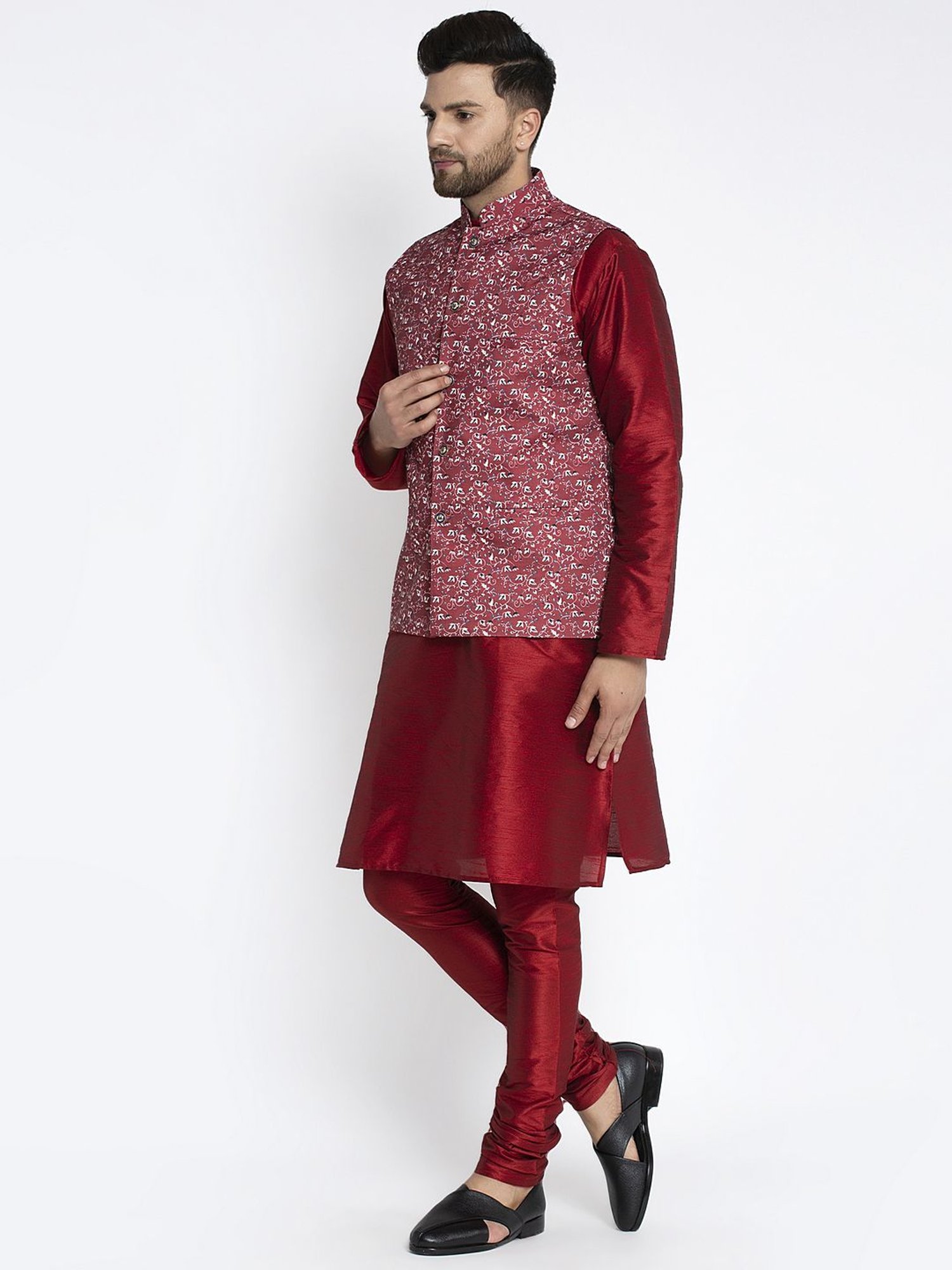 Benstoke Maroon Regular Fit Floral Print Kurta Set With Jacket