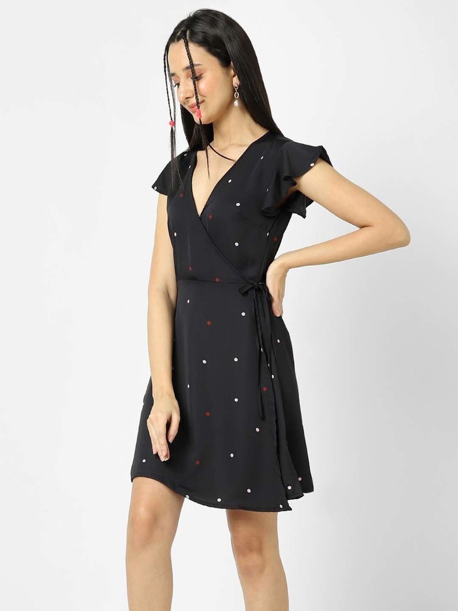 VASTRADO Black Polka Dots A-Line Wrap Dress