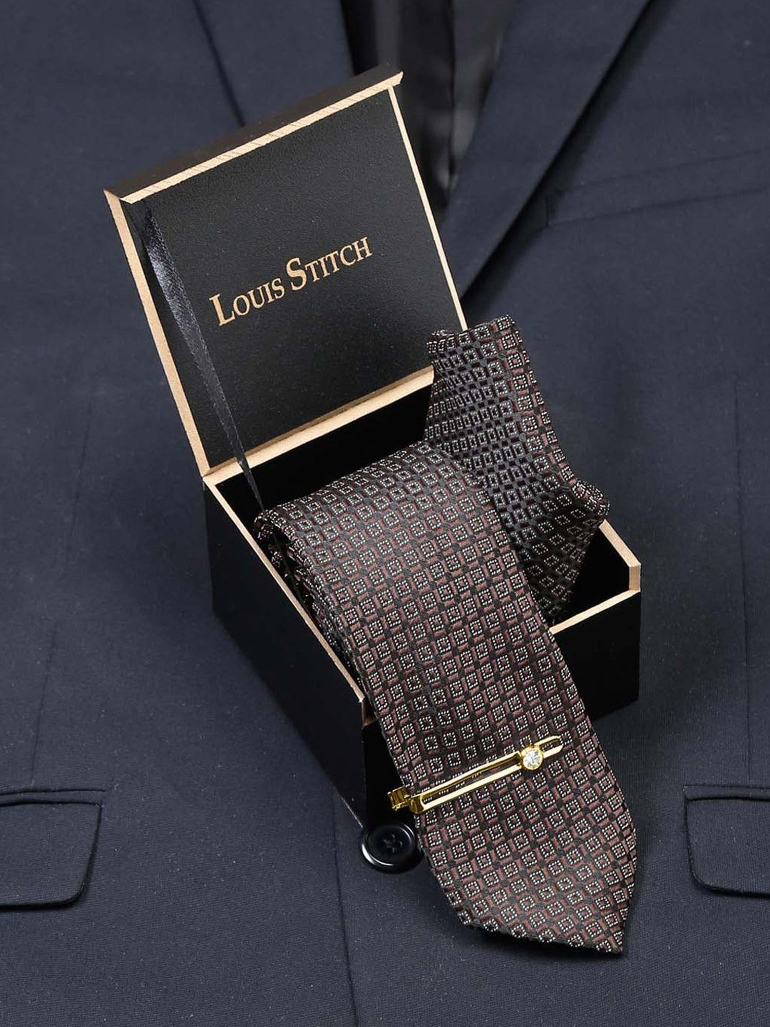 Louis Stitch Brown Embroidered Necktie Gift Set - Set of 3