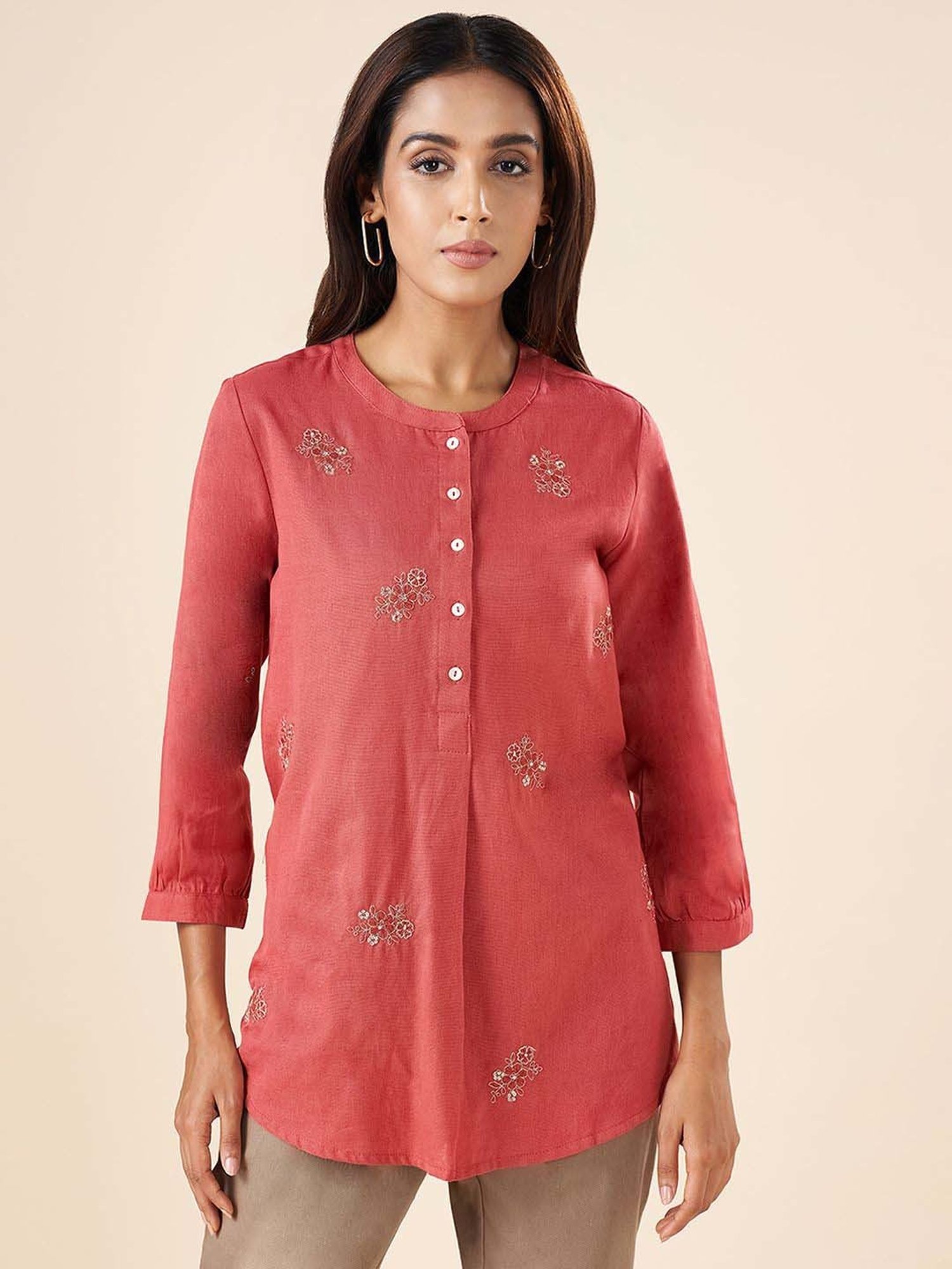 Akkriti by Pantaloons Rust Cotton Embroidered Tunic
