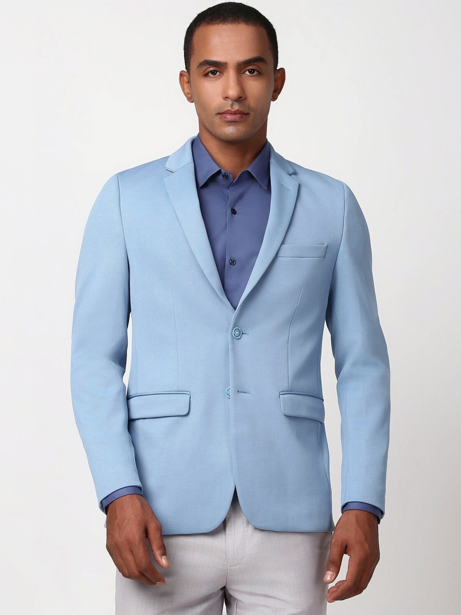 Peter England Blue Cotton Slim Fit Self Pattern Blazer