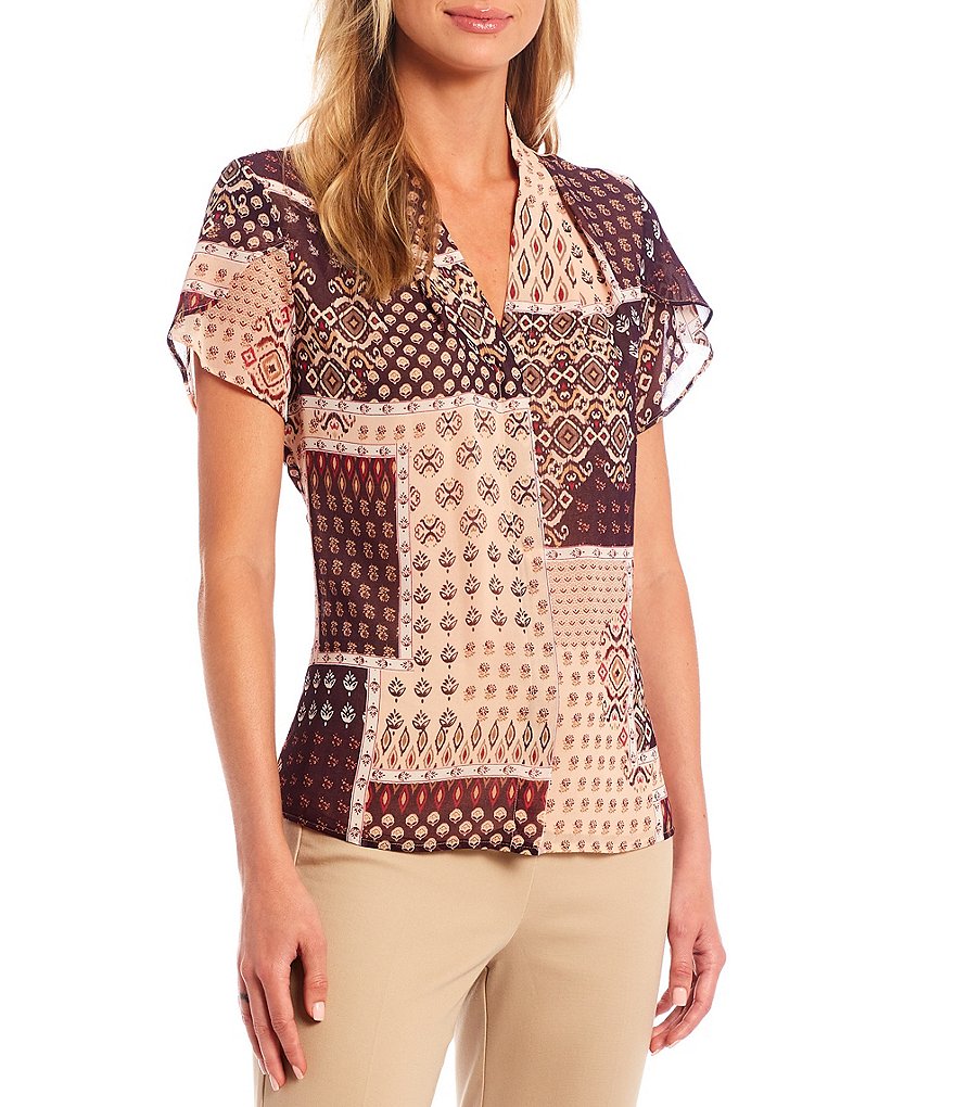 Calvin Klein Petite Size Patchwork Print V-Neck Pleat Shoulder Detail Tulip Sleeve Blouse