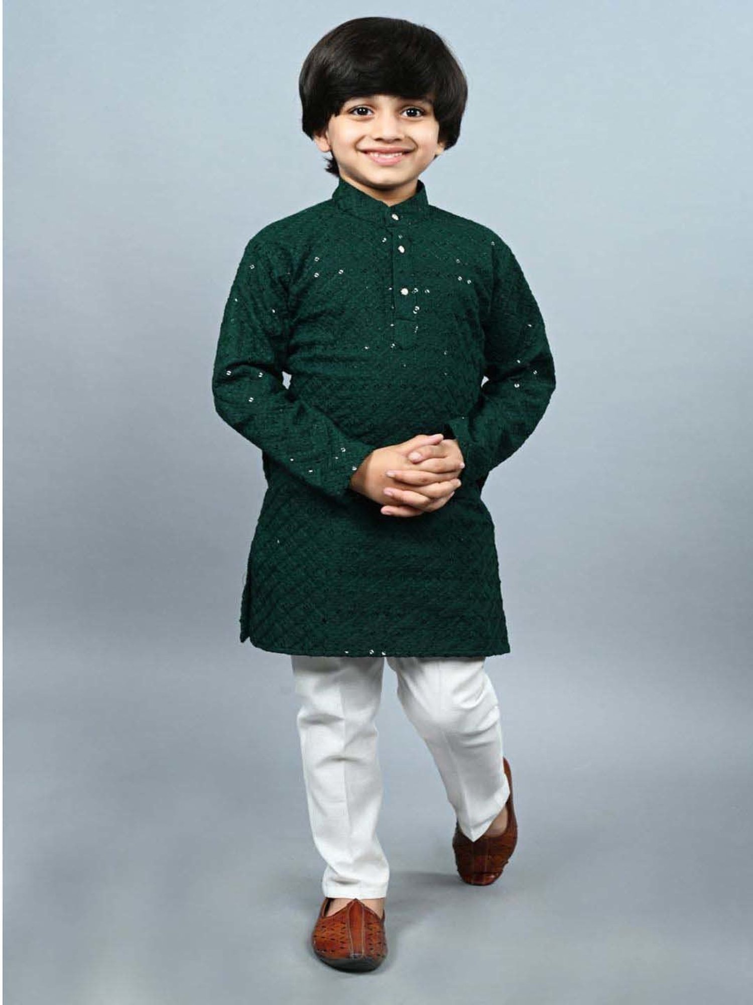 Ahhaaaa Kids Green Cotton Embellished Full Sleeves Kurta Set