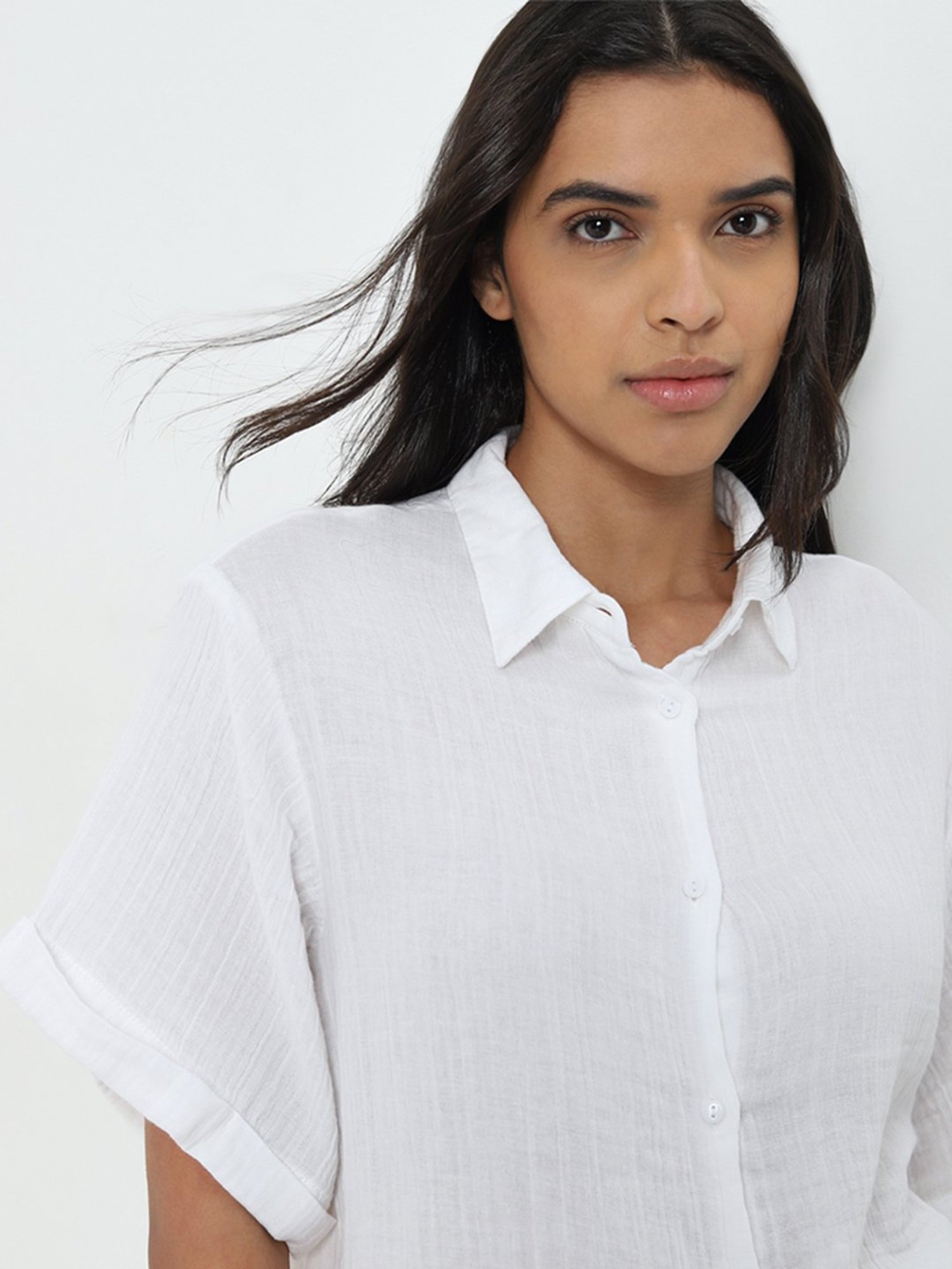 Wunderlove by Westside White Crinkled Cotton Beach Shirt