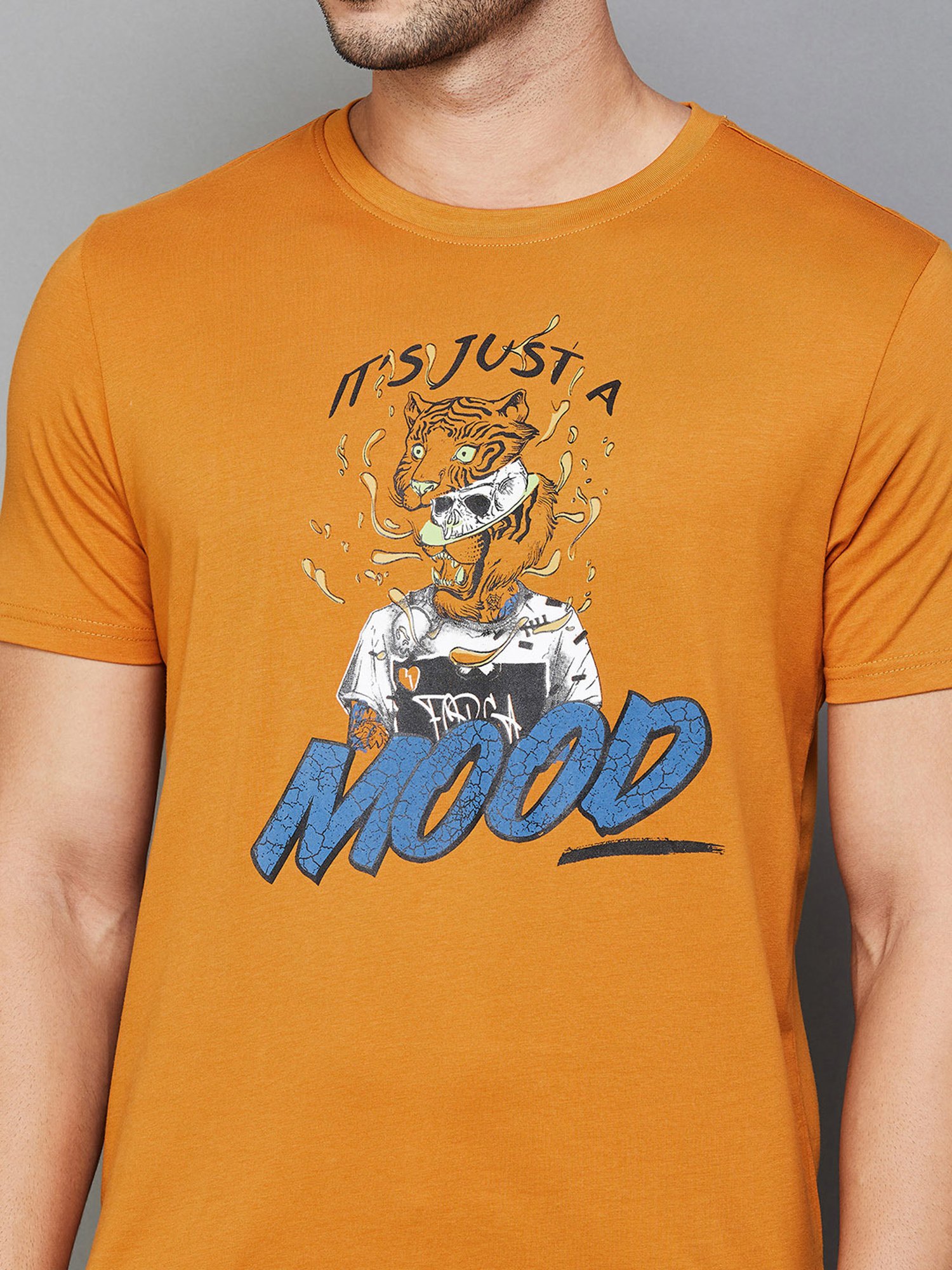 Forca by Lifestyle Orange Regular Fit Graphic Print Crew T-Shirt