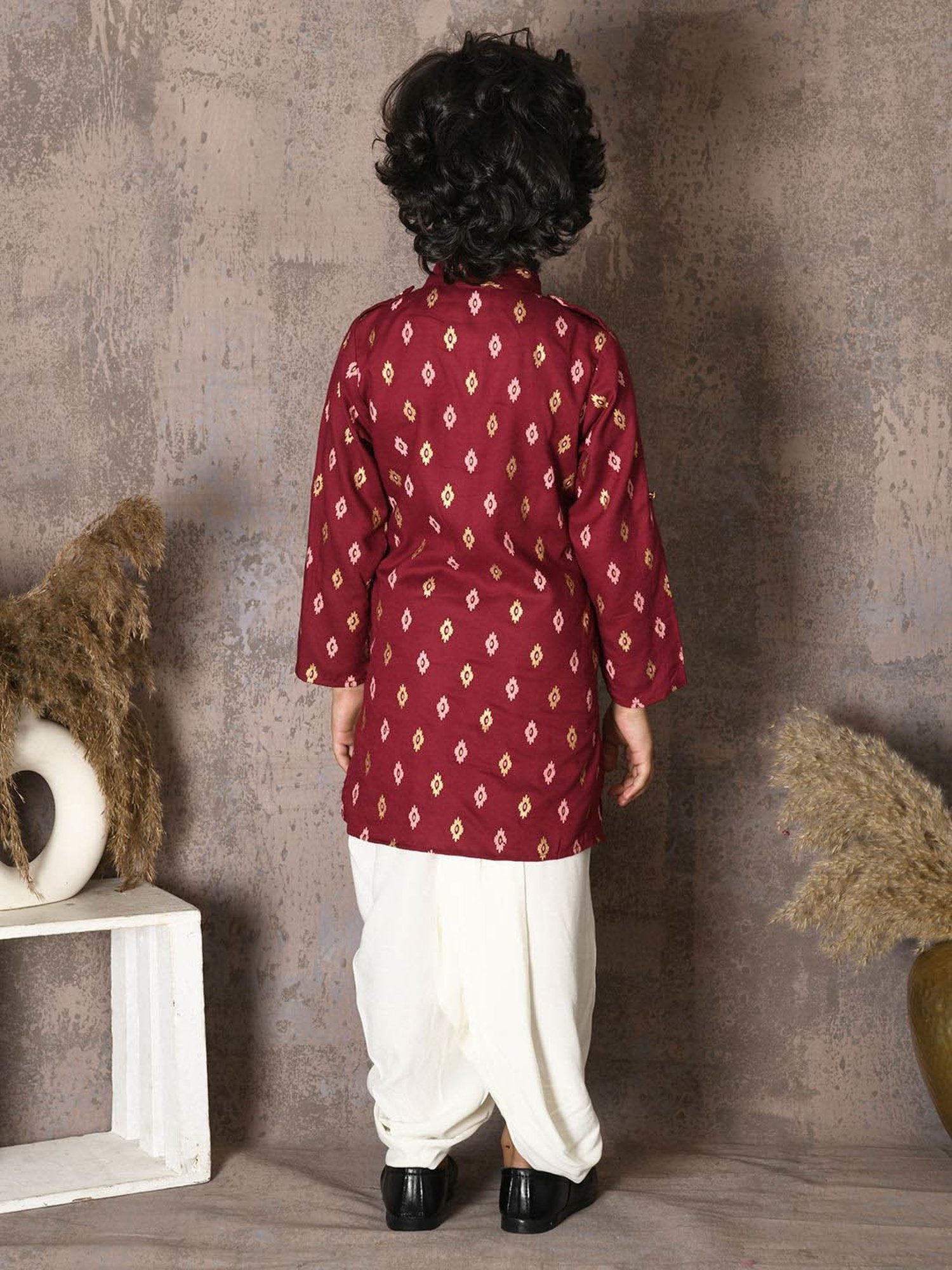 LilPicks Kids Maroon & White Printed Full Sleeves Kurta Set