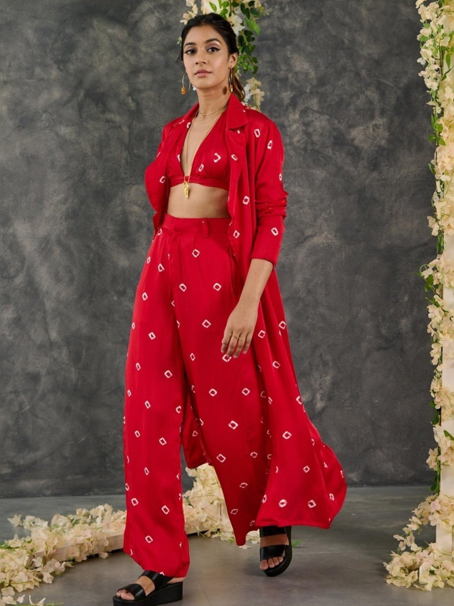 Gulaal Red Bandhani Modal Satin Shrug with Pant