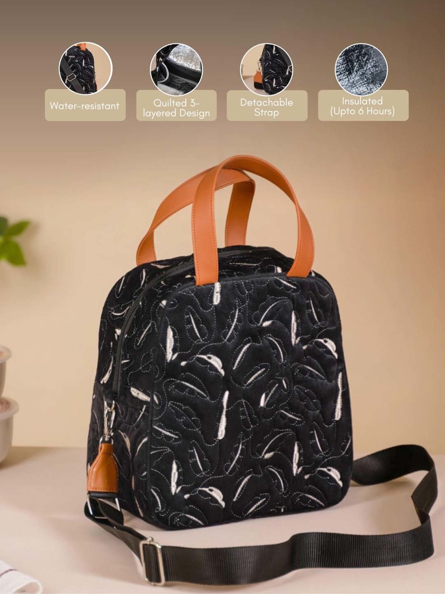 Nestasia High-Quality Insulated Velvet Black Lunch Bag With Adjustable Shoulder Strap & Handles