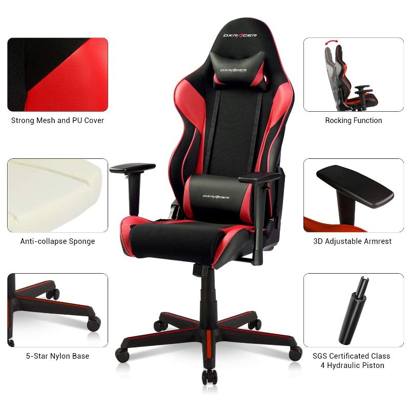 DXRacer OH/RAA106/NR Racing Series Adjustable Ergonomic Gaming Home Office Desk Chair, Swivel Base, Wheels, and Headrest, Red and Black