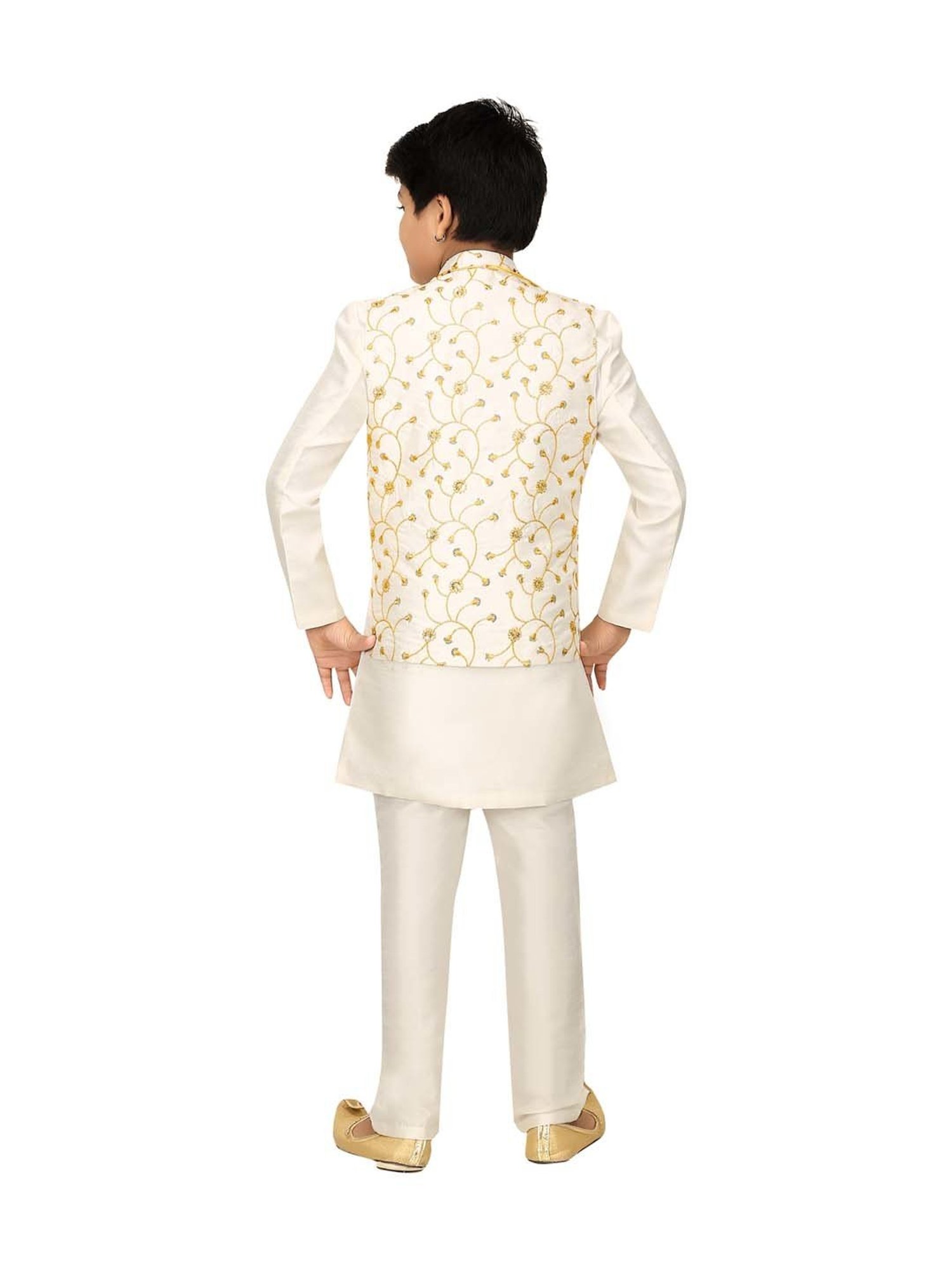Ahhaaaa Kids White & Golden Cotton Embroidered Full Sleeves Kurta Set