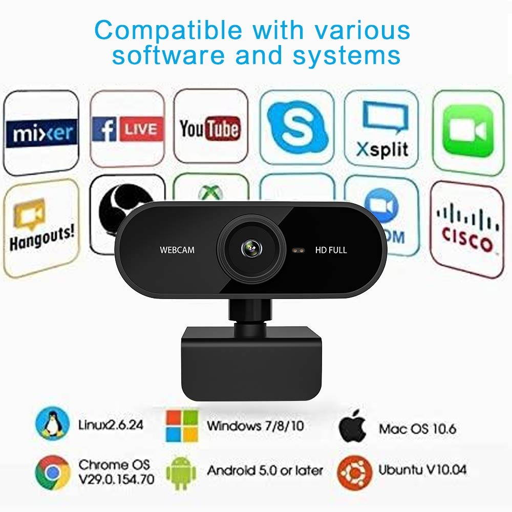 Full HD 1080P Webcam, Built-in Mic and Drive-Free USB Web Camera for Skype, Zoom, FaceTime, Hangouts, PC/Mac/Laptop/MacBook/Tablet