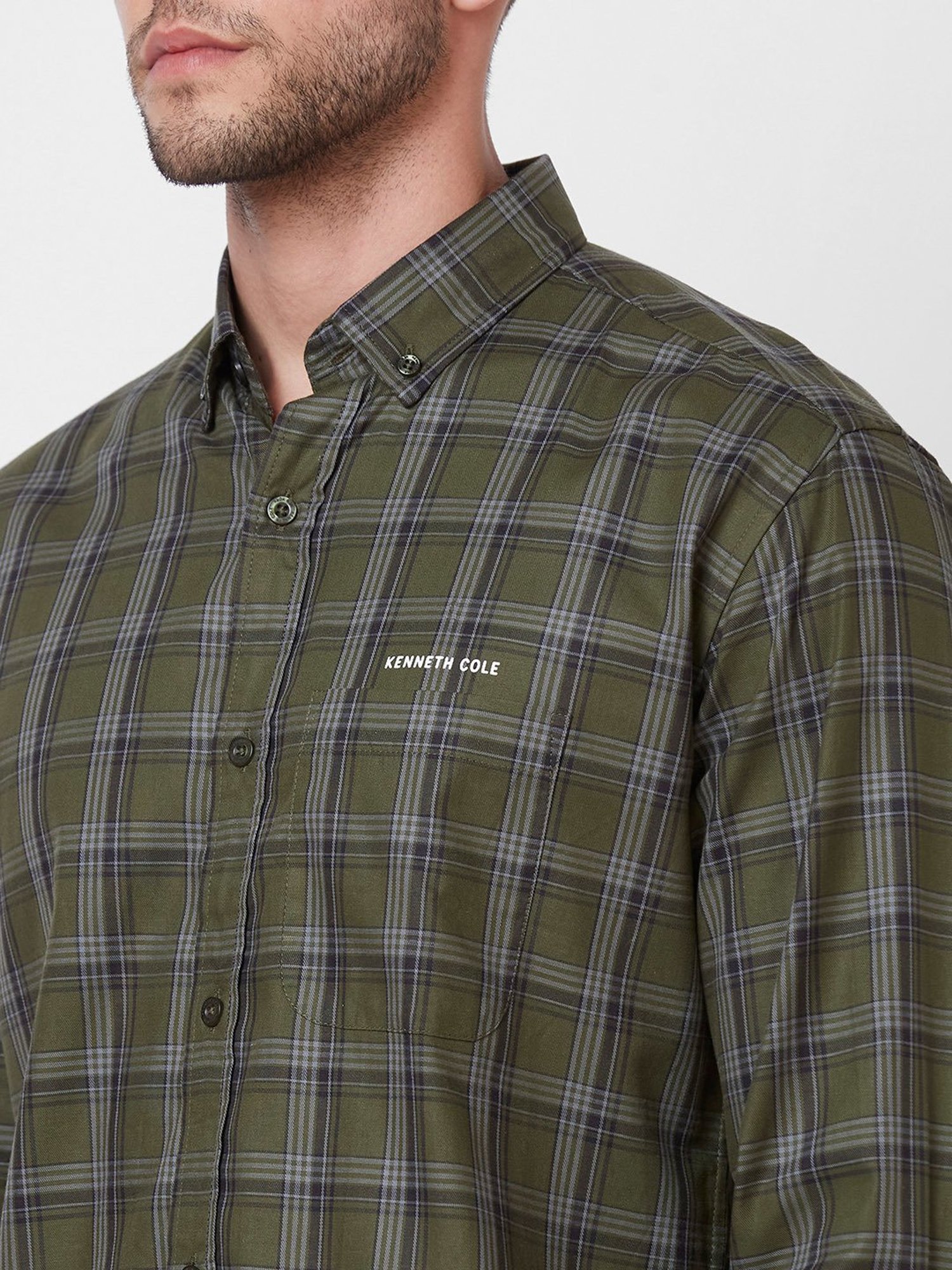Kenneth Cole New York Dark Green Slim Fit Check Cotton Shirt