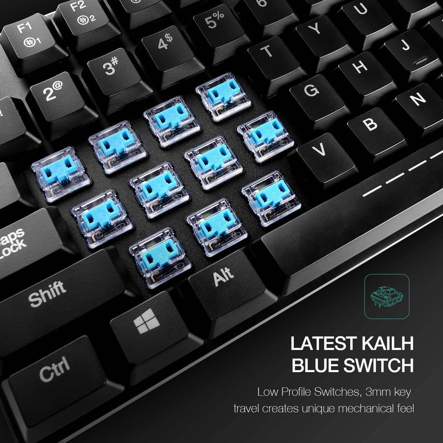 Mechanical Keyboard HAVIT Backlit Wired Gaming Keyboard Extra-Thin & Light, Kailh Latest Low Profile Blue Switches, 87 Keys N-Key Rollover (Black)