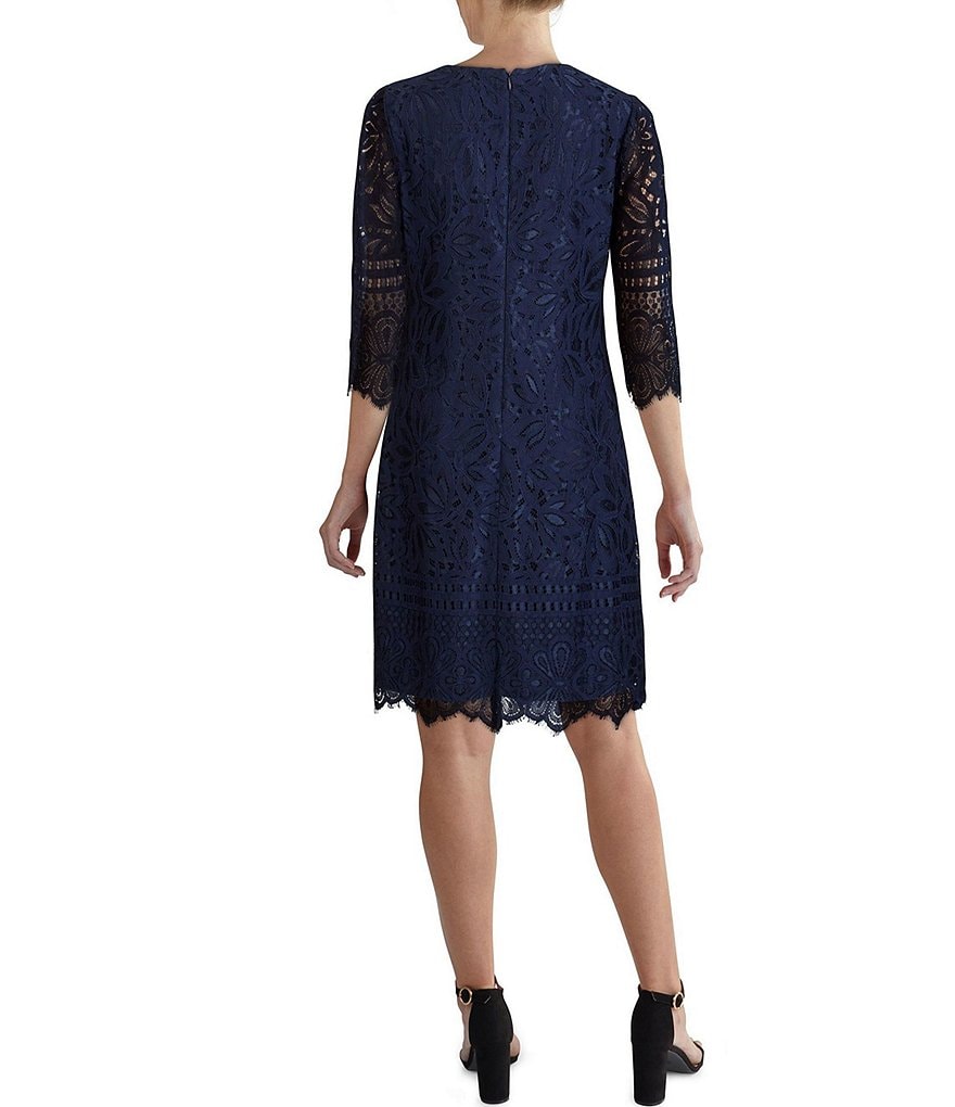 Kensie Elbow Sleeve Contrast Corded Lace Scalloped Sheath Dress