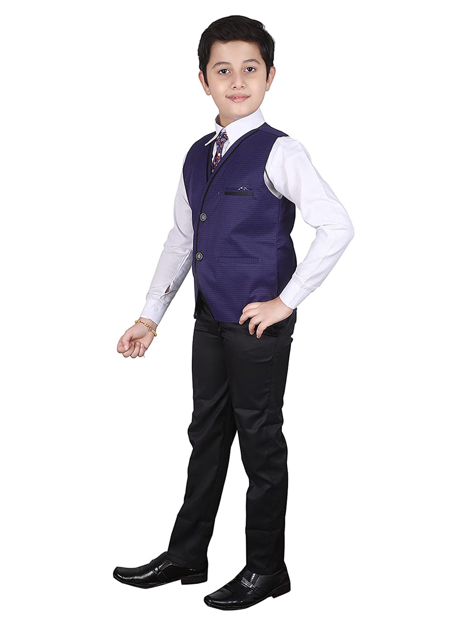 Fourfolds Boys Blue & White Solid Full Sleeves Suit Set