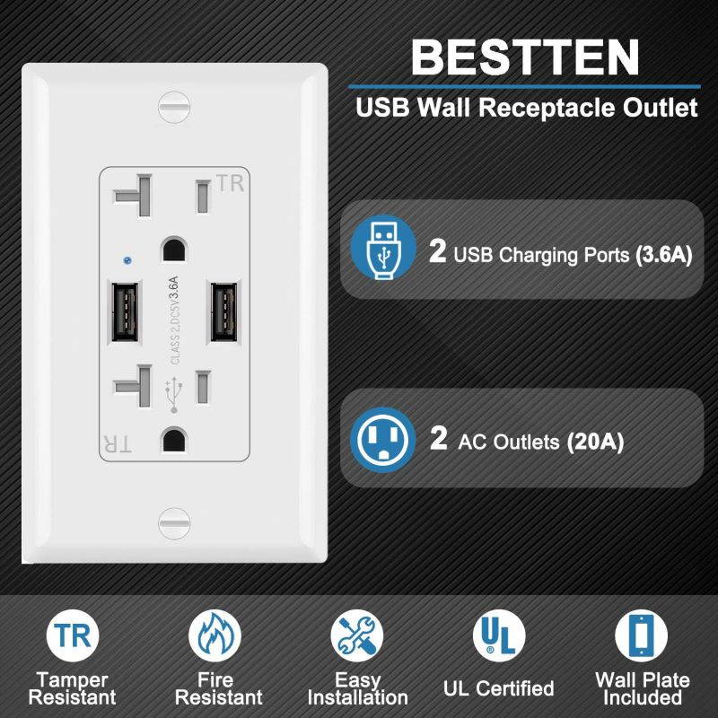 [2 Pack] BESTTEN 3.6A Dual USB Receptacle Outlet with 20 Amp AC Outlets, Smart Chip USB Charger, Wallplate Included, UL Listed, White