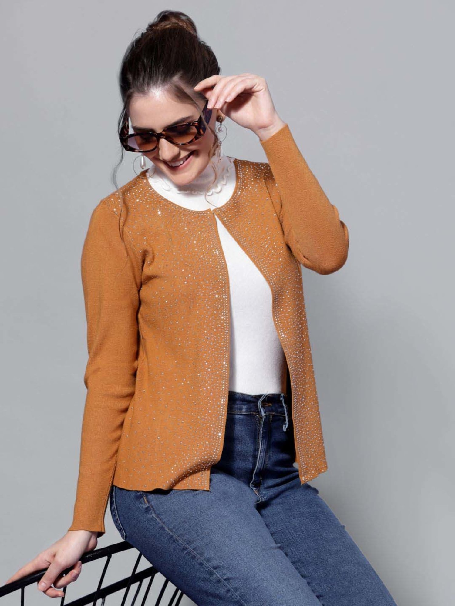 Mafadeny Mustard Embellished Shrug