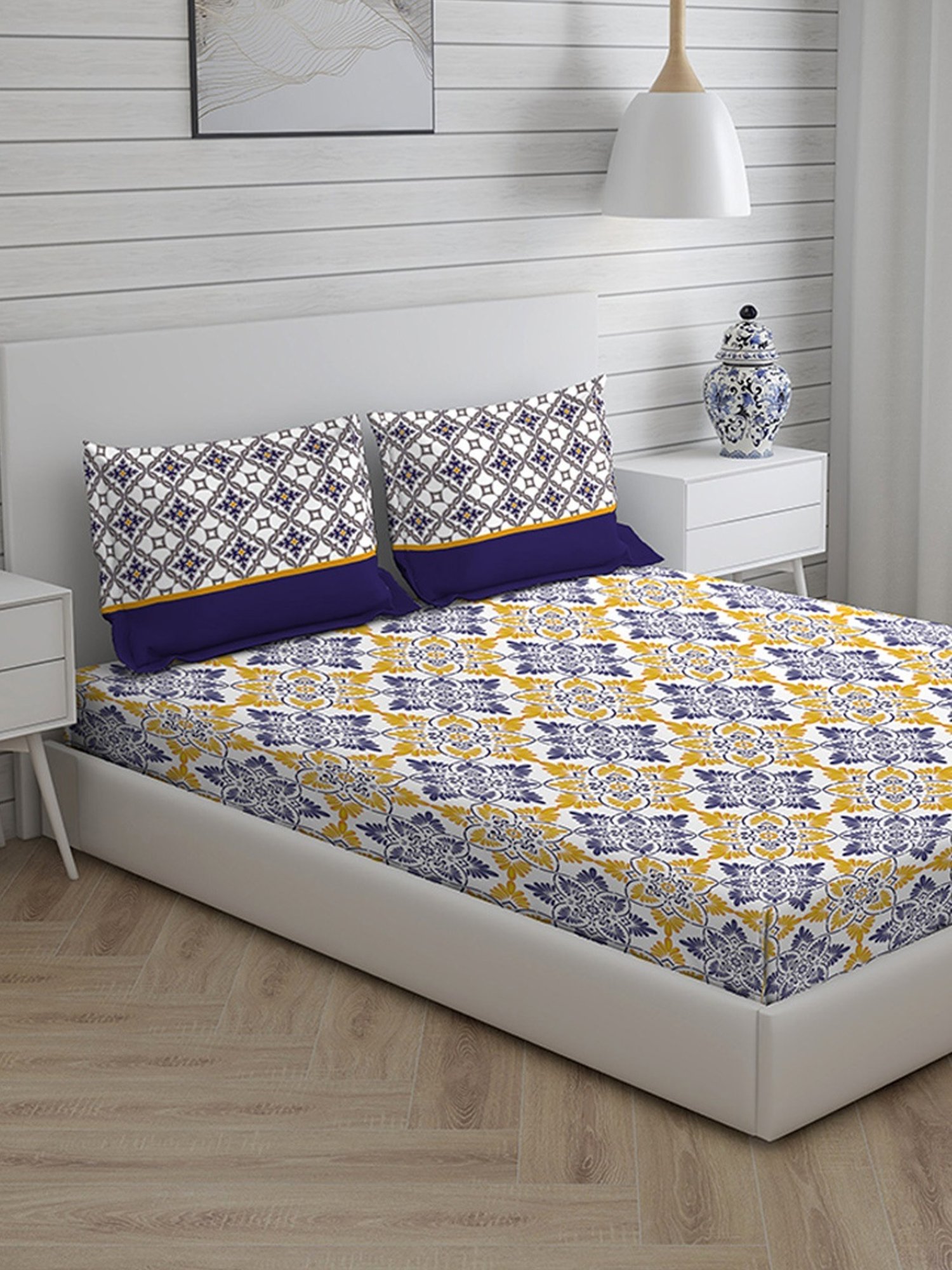 Layers Roma Floral Yellow 120 TC Cotton Queen Bed Sheet with 2 Pillow Covers