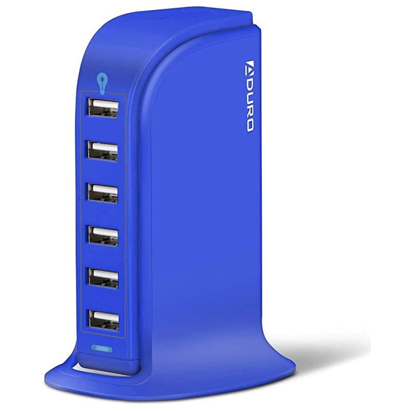 40W 6Port USB Desktop Charging Station Hub Wall Charger for iPhone iPad Tablets Smartphones with Smart Flow Blue