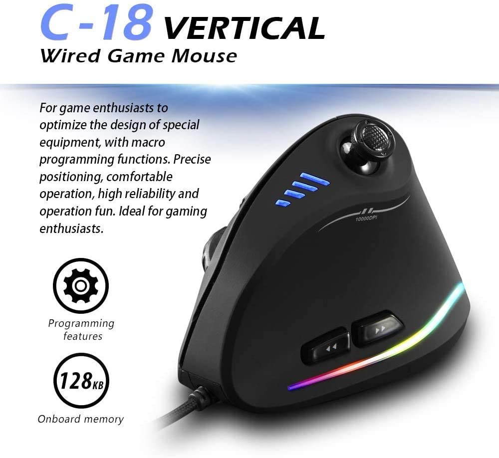 Ergonomic Vertical Mouse, RGB Wired Gaming Mouse with Joystick, 11 Programmable Buttons, 5 Adjustable DPI(1500-2500-4000-7000-10000) for PC, Desktop, Laptop