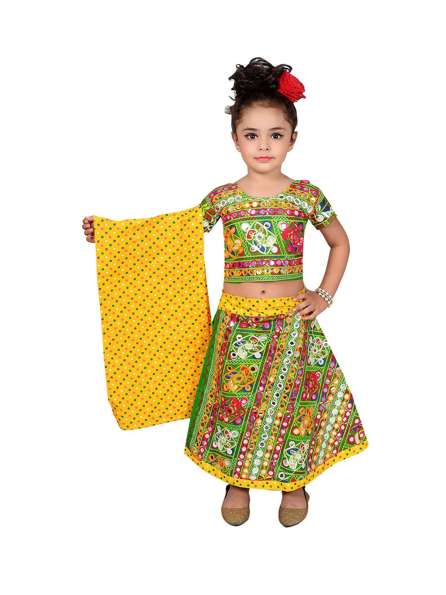 Ahhaaaa Kids Green & Yellow Embroidered Choli, Lehenga with Dupatta