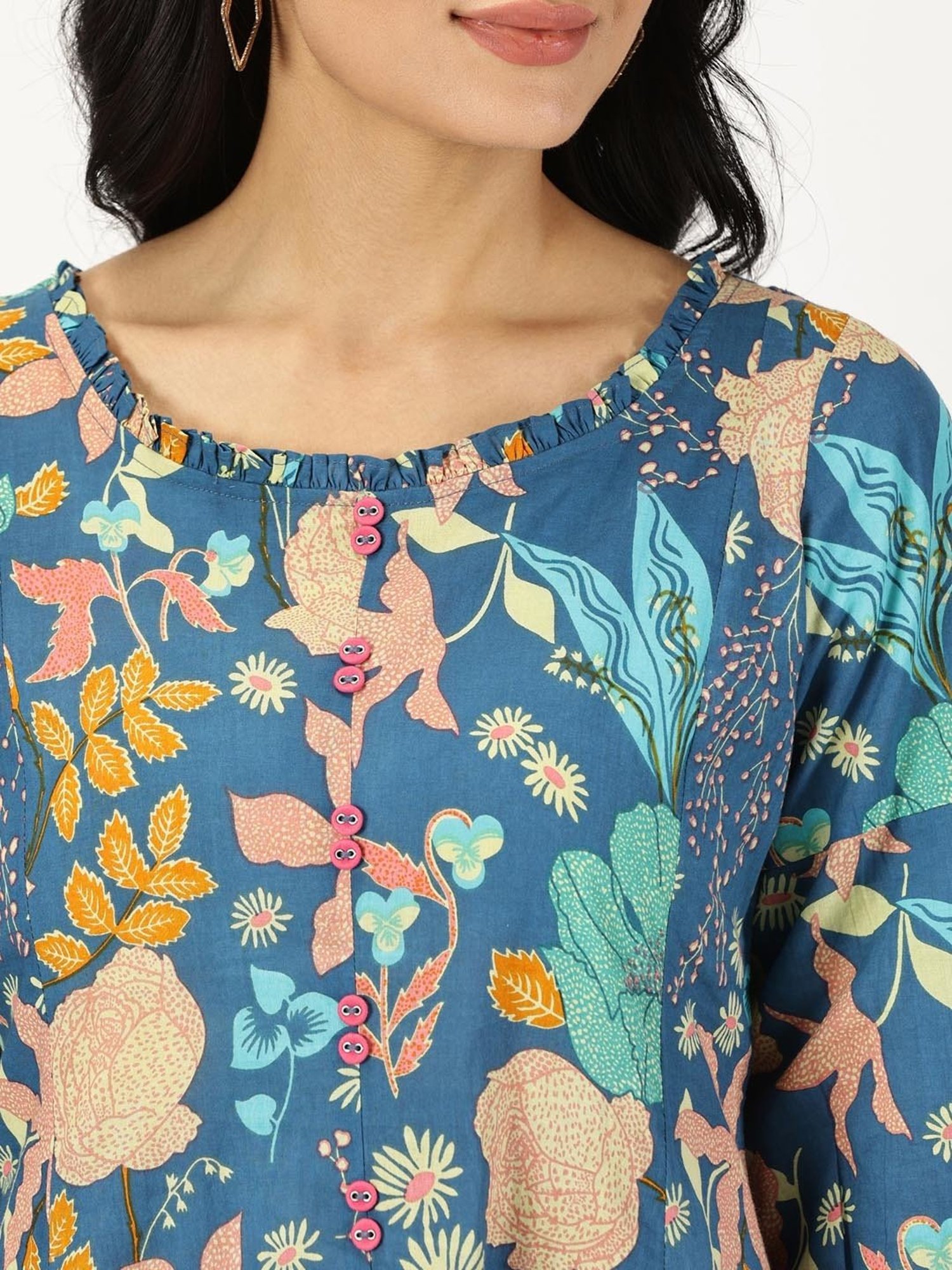 Saffron Threads Blue Cotton Printed Ethnic Dress