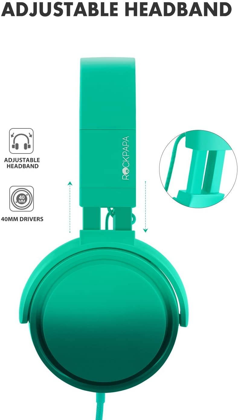 RockPapa Over Ear Stereo Foldabe Headphones Adjustable Noise Isolating Heavy Deep Bass Folding Headsets with Microphone 3.5mm for Smart Phones Tablets Computers MP3/4 DVD Gradient Teal