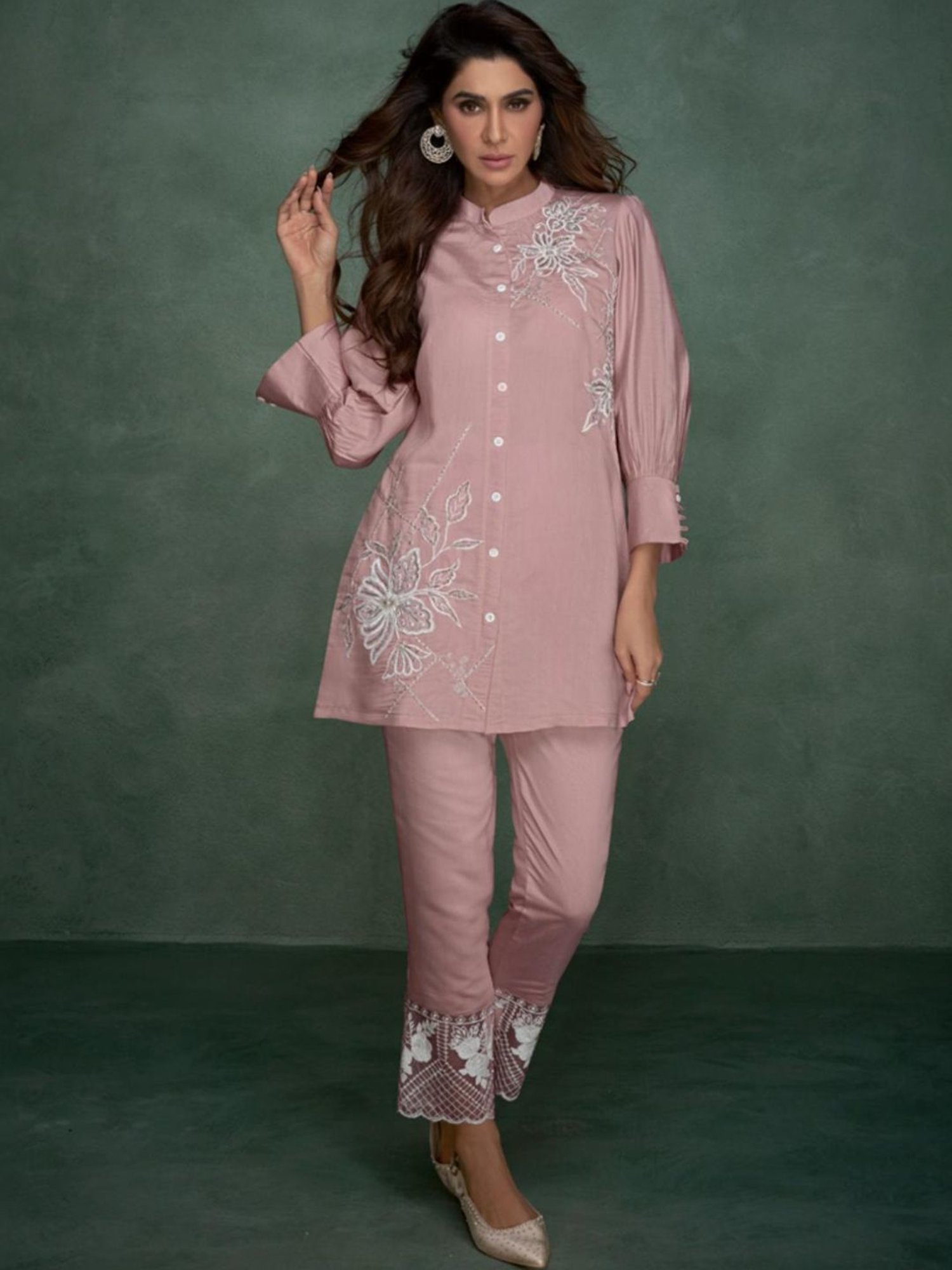 Autumnlane Pink Selena Flamingo Embroidery Tunic with Pant Co-ord Set