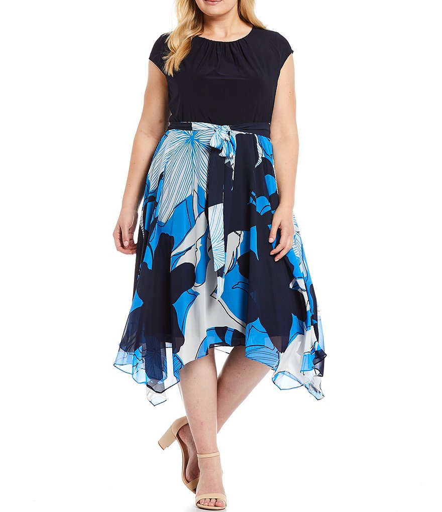 Ignite Evenings Plus Size Floral Cap Sleeve Round Neck Tie Waist Knit Jersey Chiffon Handkerchief Hem A-Line Midi Dress