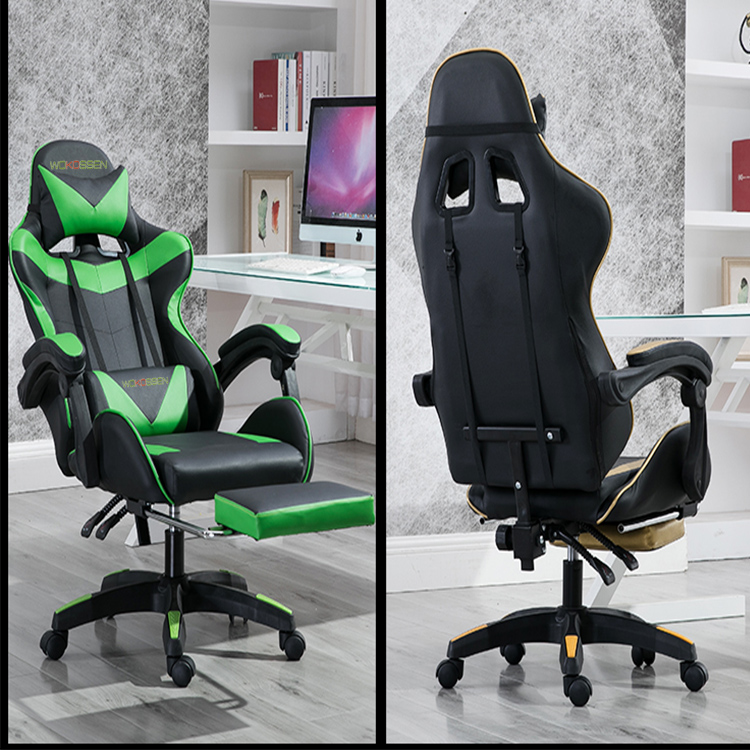 Wokossen Gaming Chair Racing Style Office Chair Adjustable Lumbar Cushion Swivel Rocker Recliner Leather High Back Ergonomic Computer Desk Chair with Retractable Footrest(Black/White)