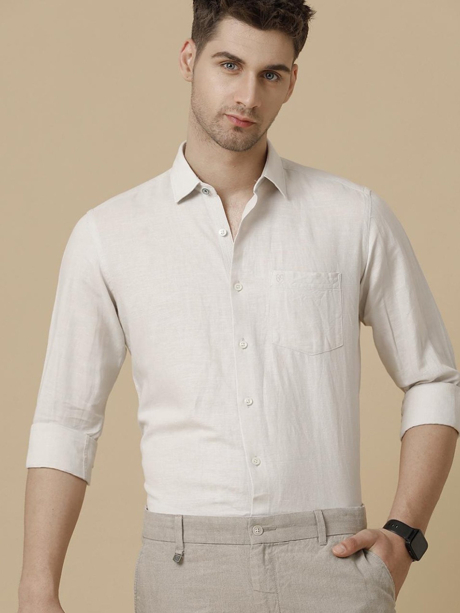Linen Club Beige Linen Contemporary Fit Shirt
