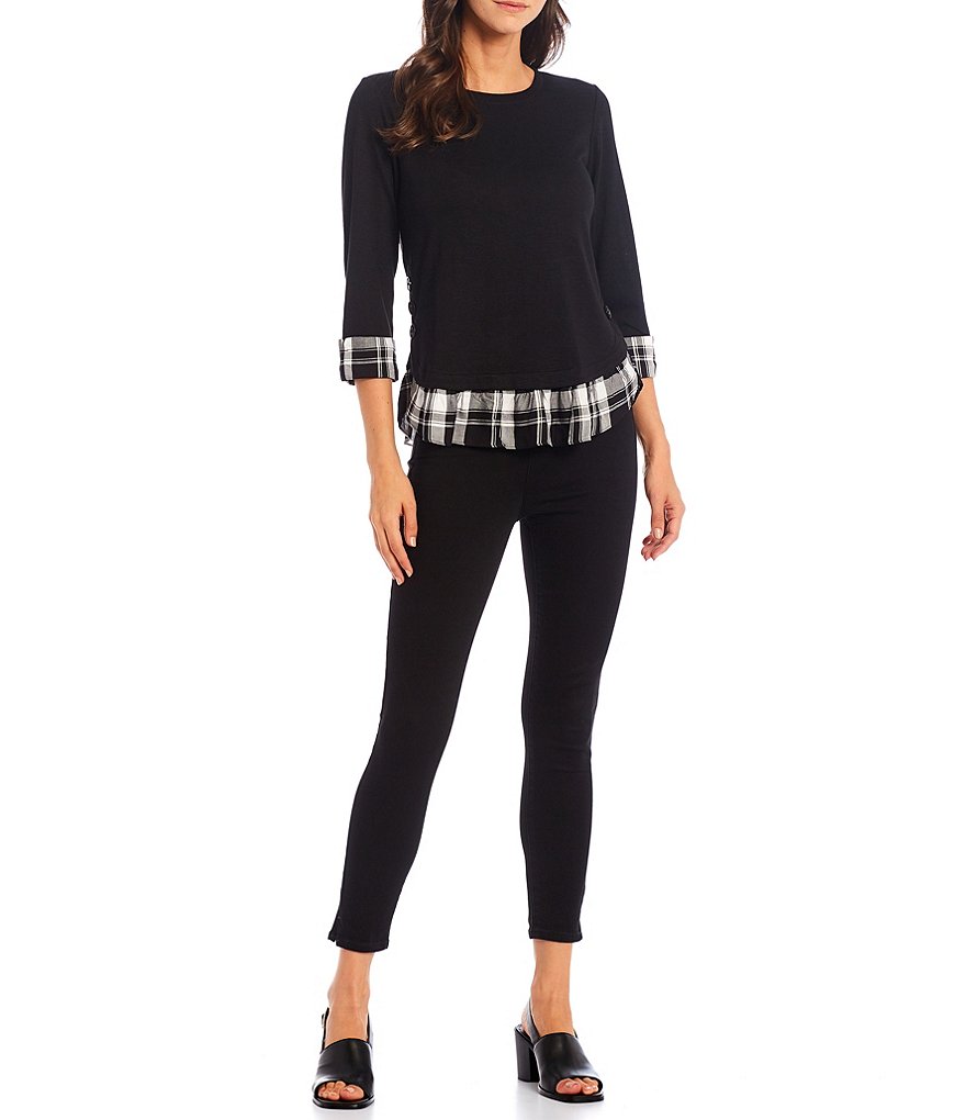 I.N. Studio Petite Size Hacci Knit 3/4 Sleeve Crew Neck Plaid Print Trim Side Button Hem Detail Twofer Top