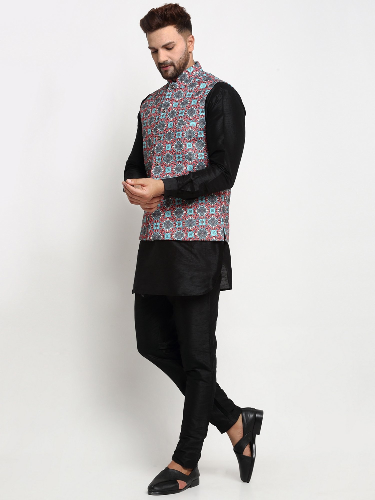 Benstoke Black & Sky Blue Regular Fit Floral Print Kurta Set With Jacket