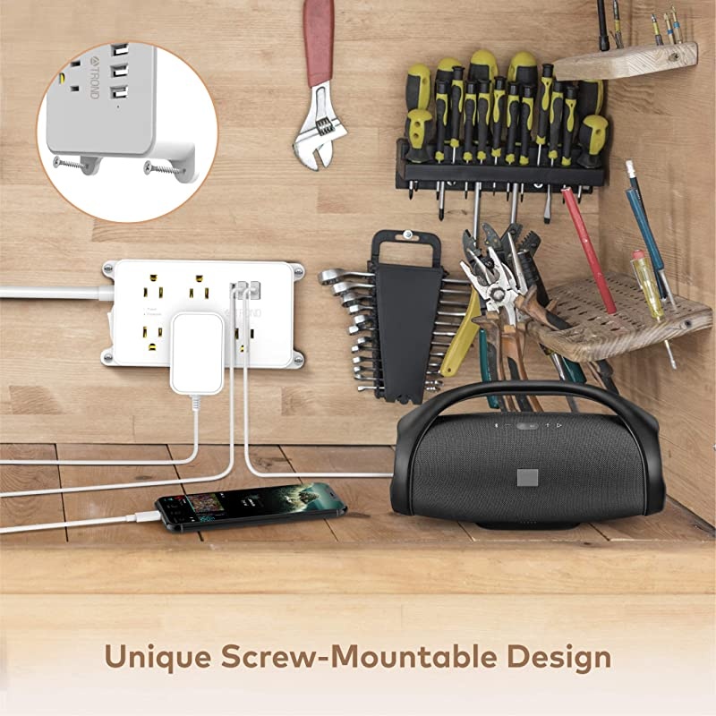 Strip Flat Plug TROND Surge Protector Outlet Expansion Plug ETL Listed 5 WidelySpaced Outlets and 3 USB Ports Wall Mountable 5ft Cord for Desktop Garage Kitchen Behind TV White