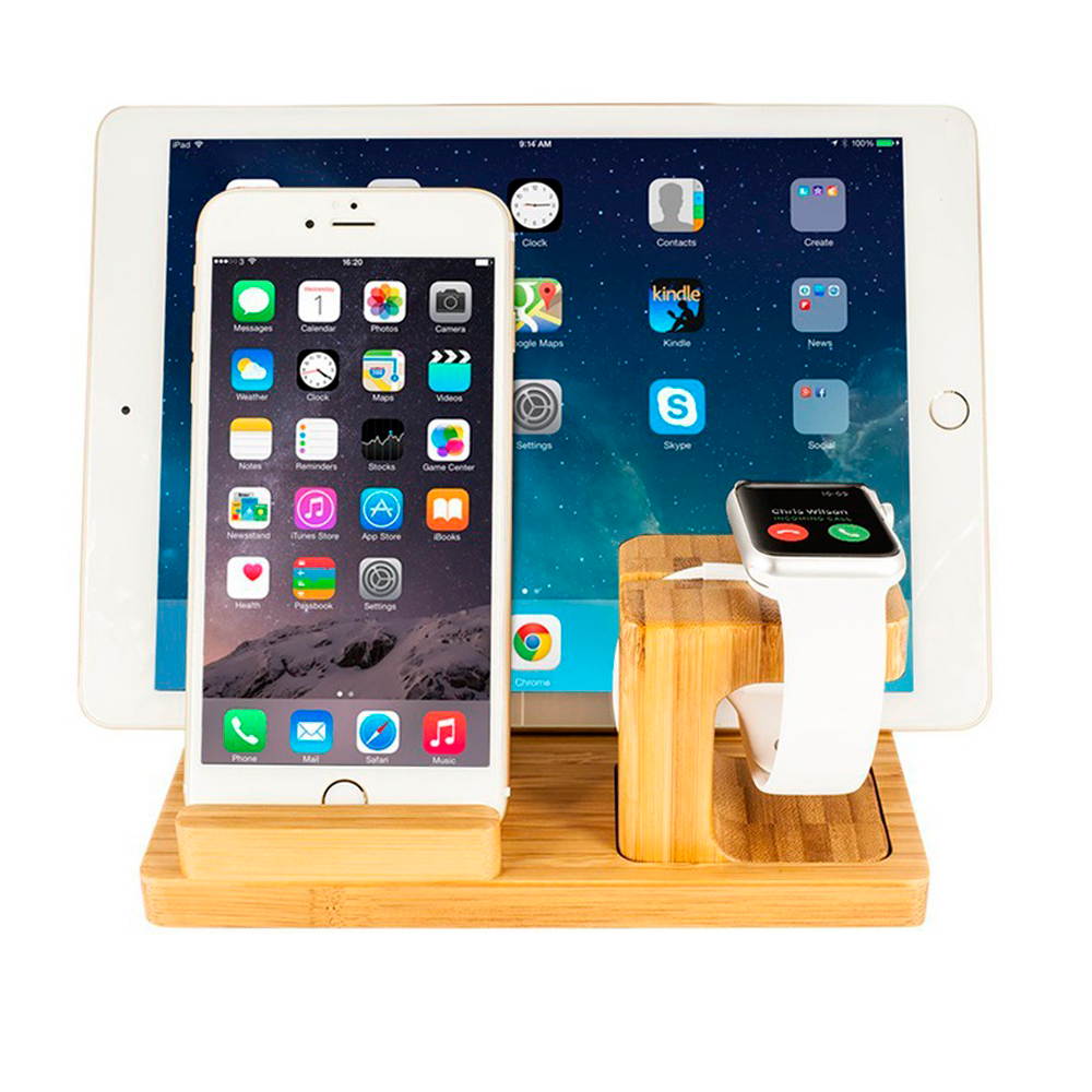 Mignova Multiple Devices Charging Dock Station,Bamboo Wood Stand iPhone Charging Dock with 3 X Phone & Tablet Holders 1 X Watch Holder 3 X Pen Holders for Smartphone,Tablet,Watch,Pen