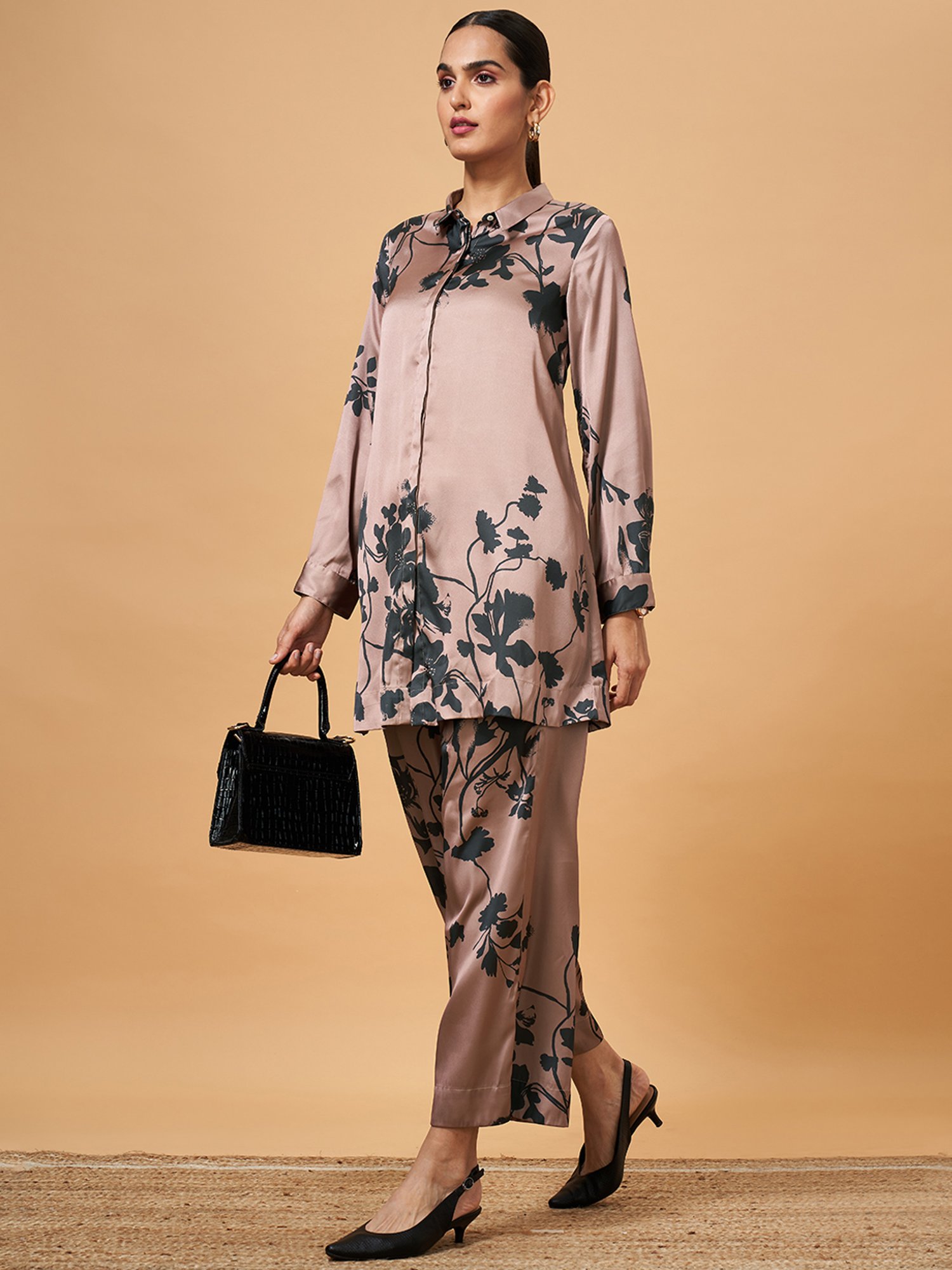 Marigold Lane Brown Floral Print Shirt Pant Set