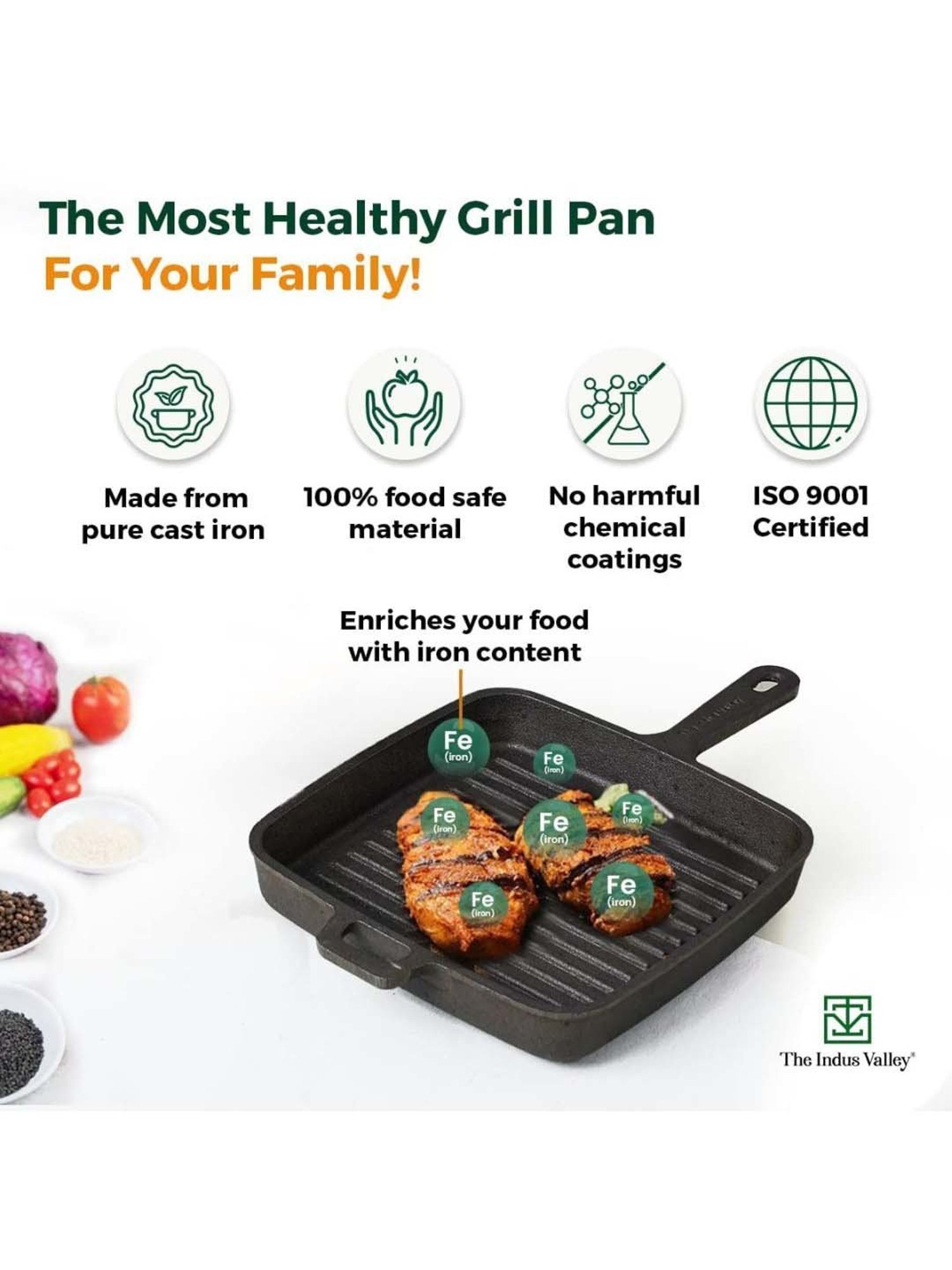 The Indus Valley Black Cast Iron 24.89 cm Grill Pan For Barbeque (1.56 L)