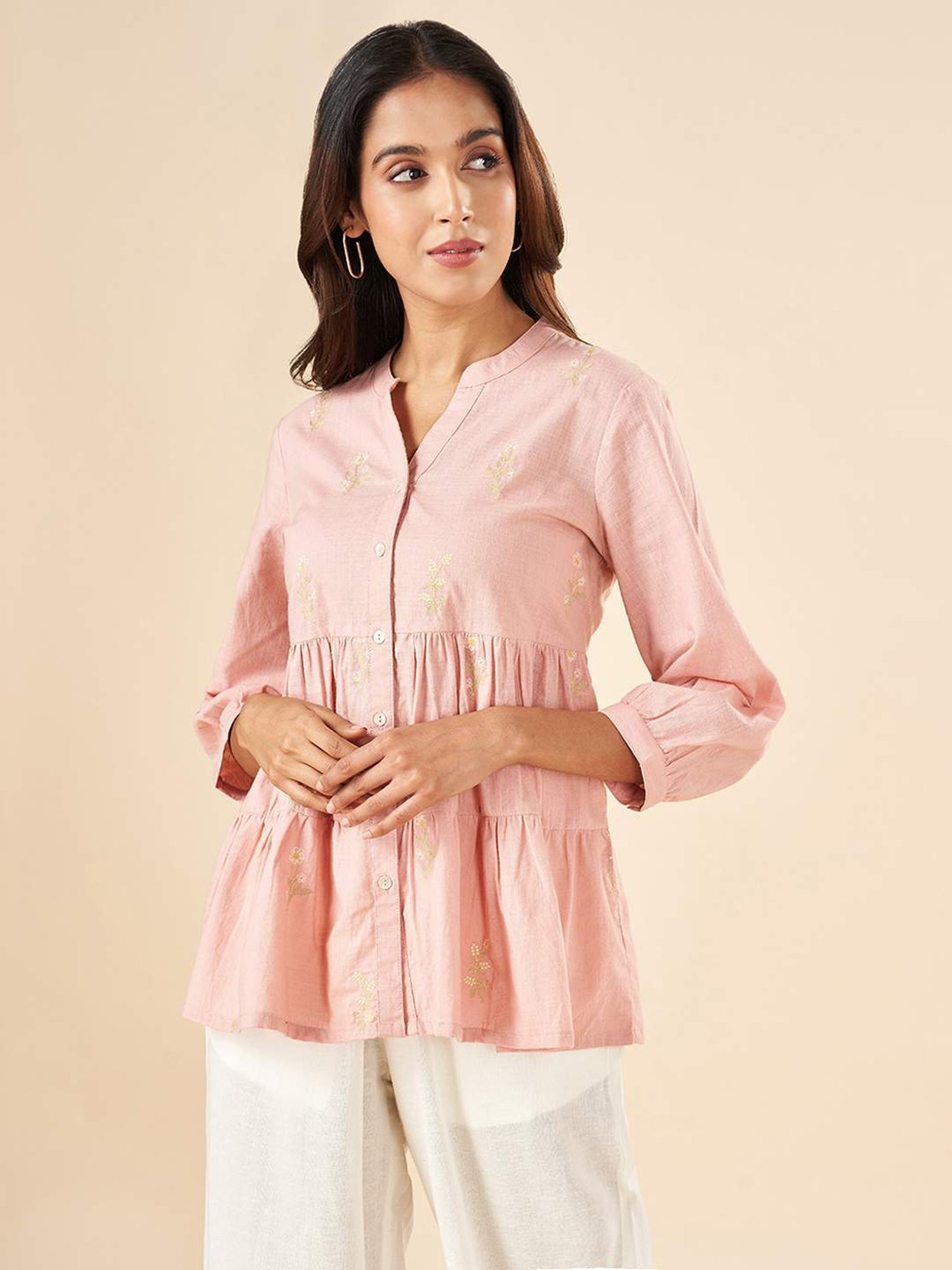 Akkriti by Pantaloons Pink Cotton Embroidered Tunic
