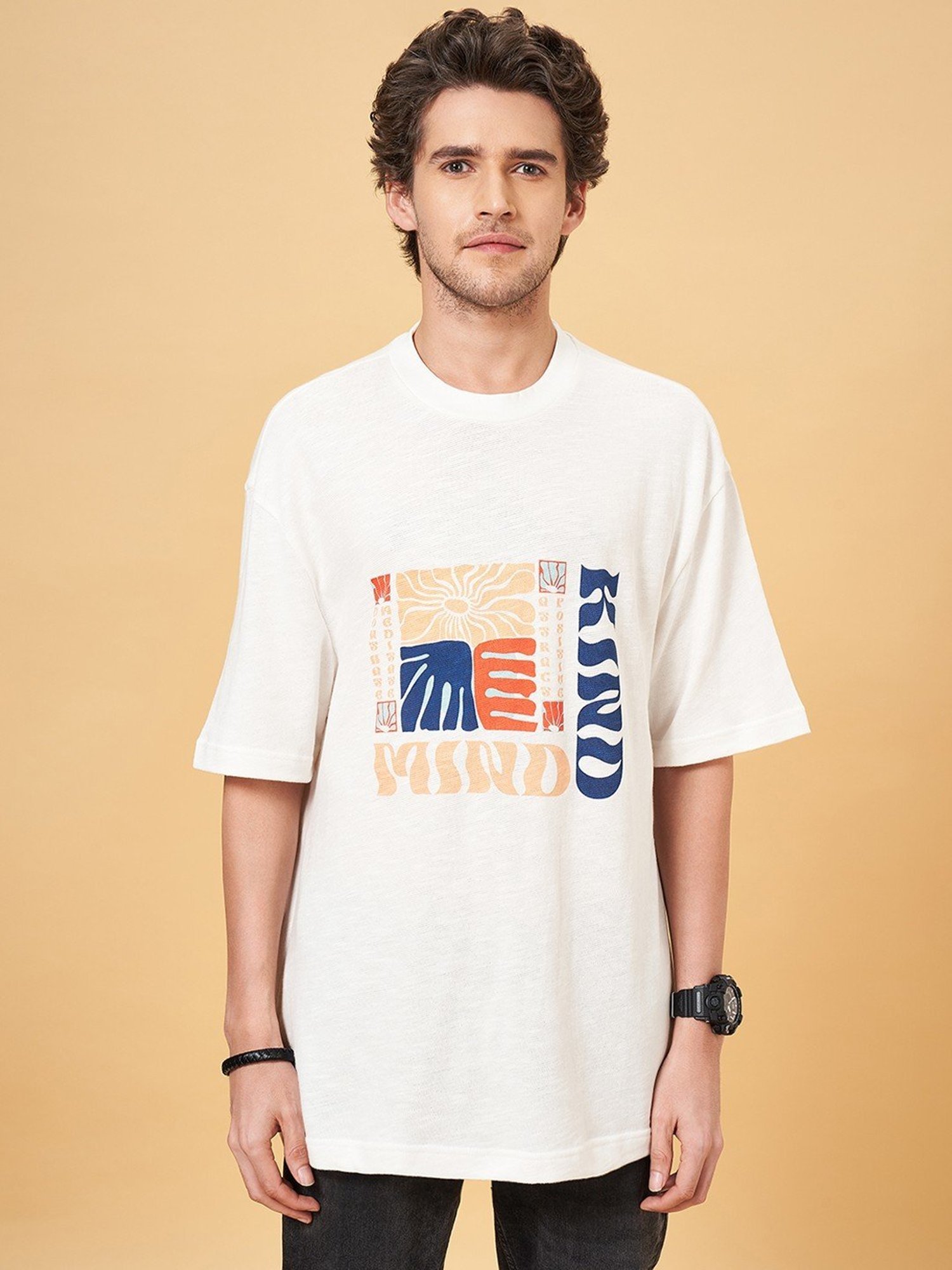 People by Pantaloons Snow White Cotton Loose Fit Printed T-Shirt